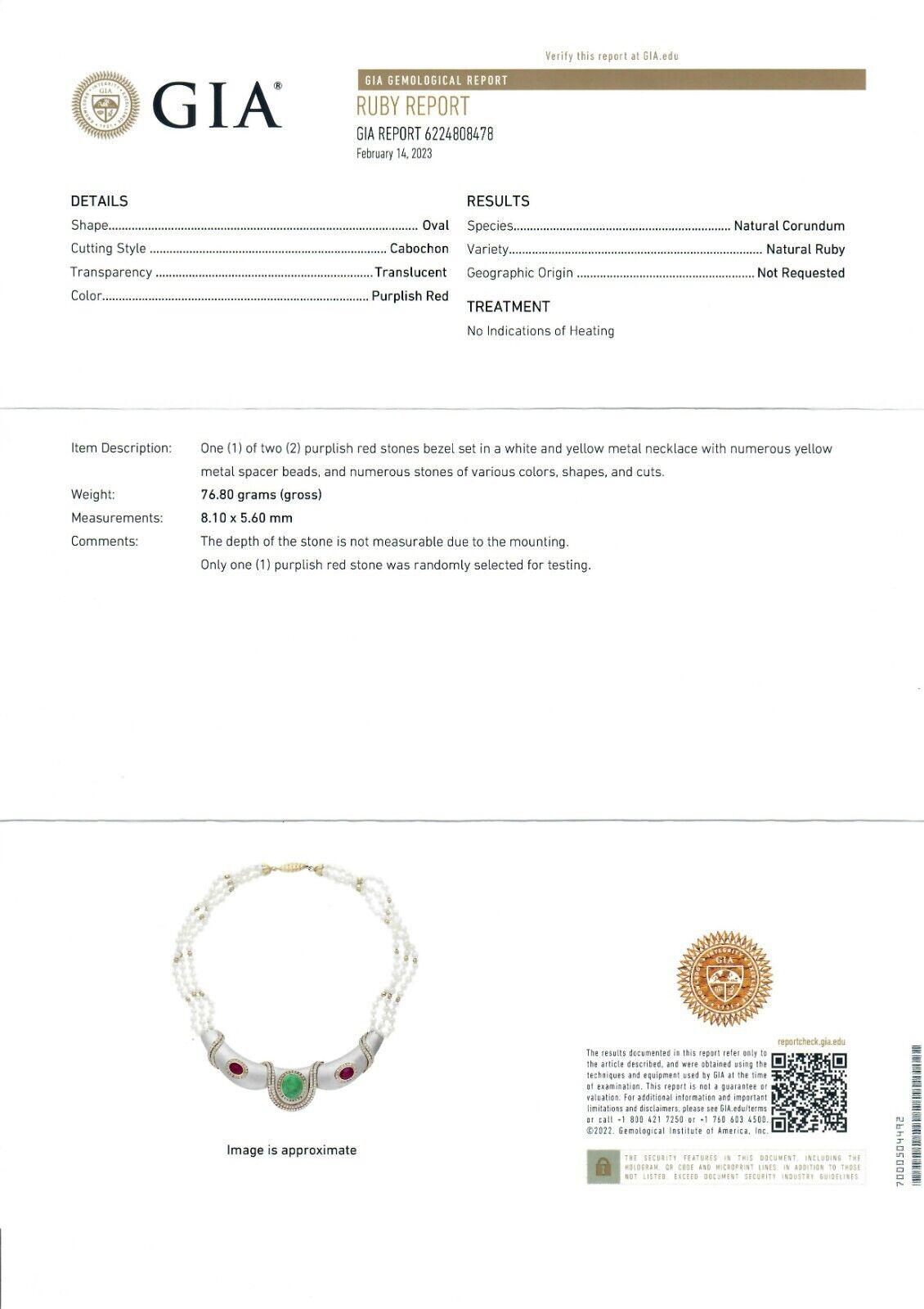 18 Karat Gold GIA kolumbianischer Smaragd & Rubin Diamant Dreireihige Perlen-Halskette im Angebot 6