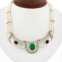 18k Gold GIA Colombian Emerald & Ruby Diamond Three Strand Pearl Collar Necklace
