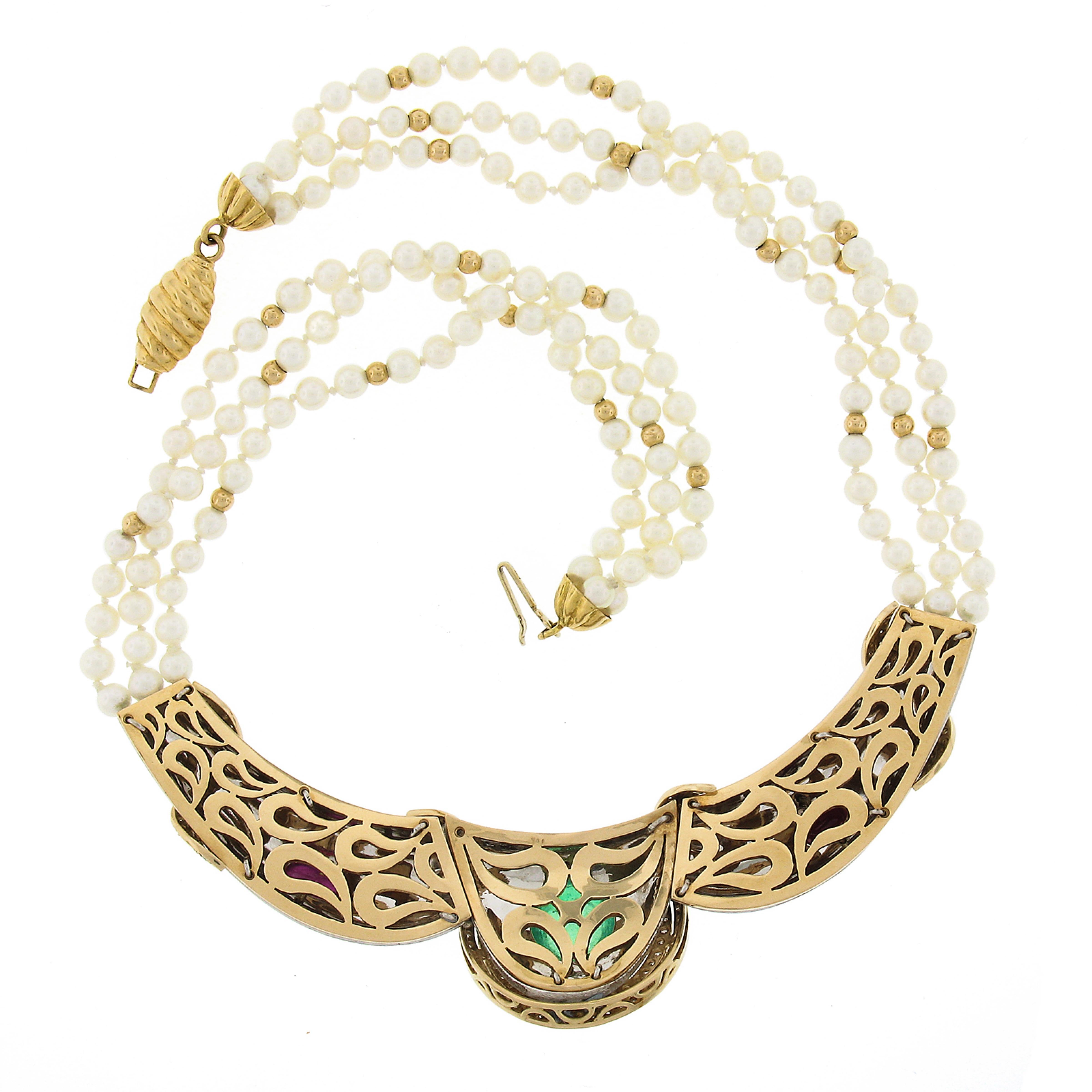18 Karat Gold GIA kolumbianischer Smaragd & Rubin Diamant Dreireihige Perlen-Halskette im Zustand „Hervorragend“ im Angebot in Montclair, NJ