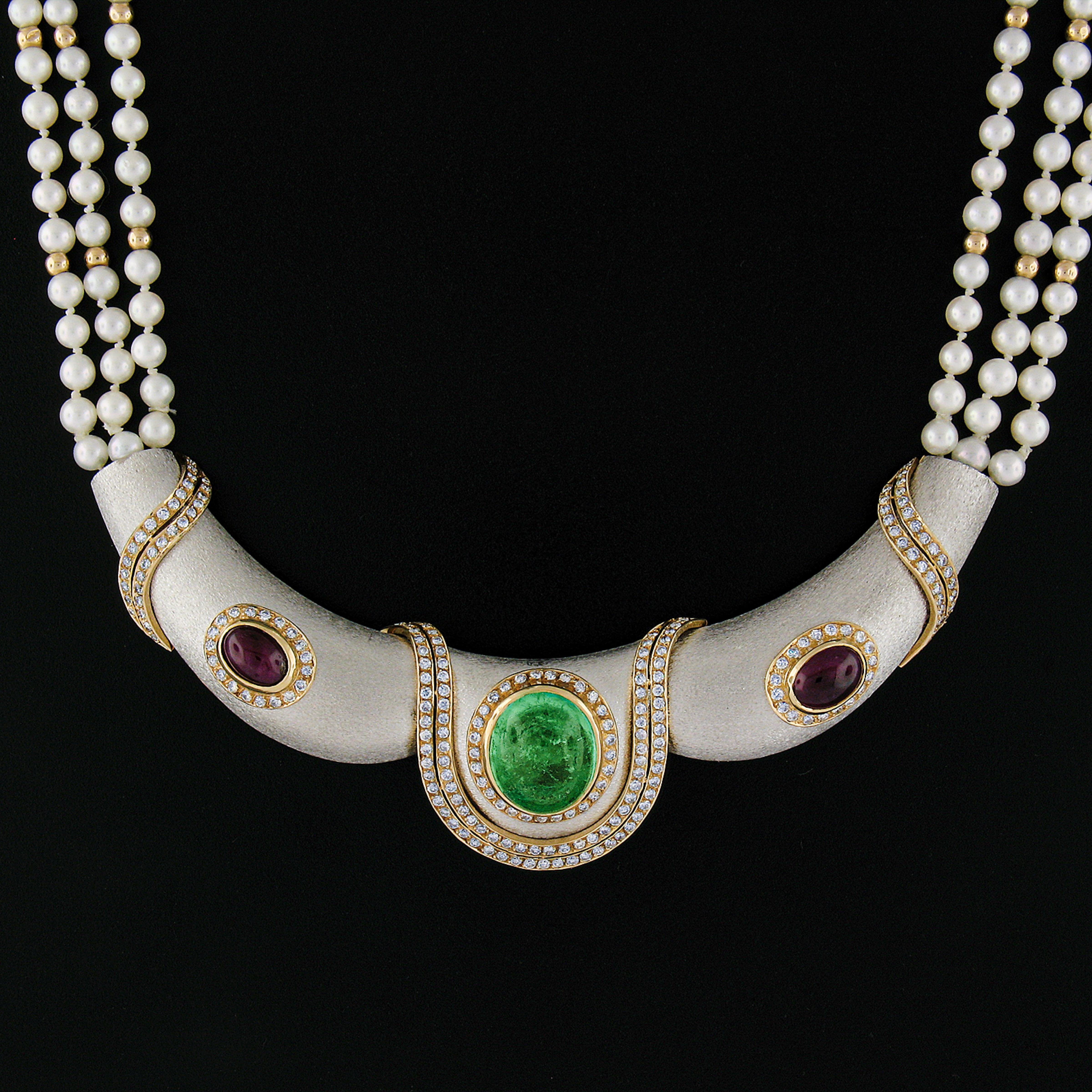 Oval Cut 18k Gold GIA Colombian Emerald & Ruby Diamond Three Strand Pearl Collar Necklace For Sale