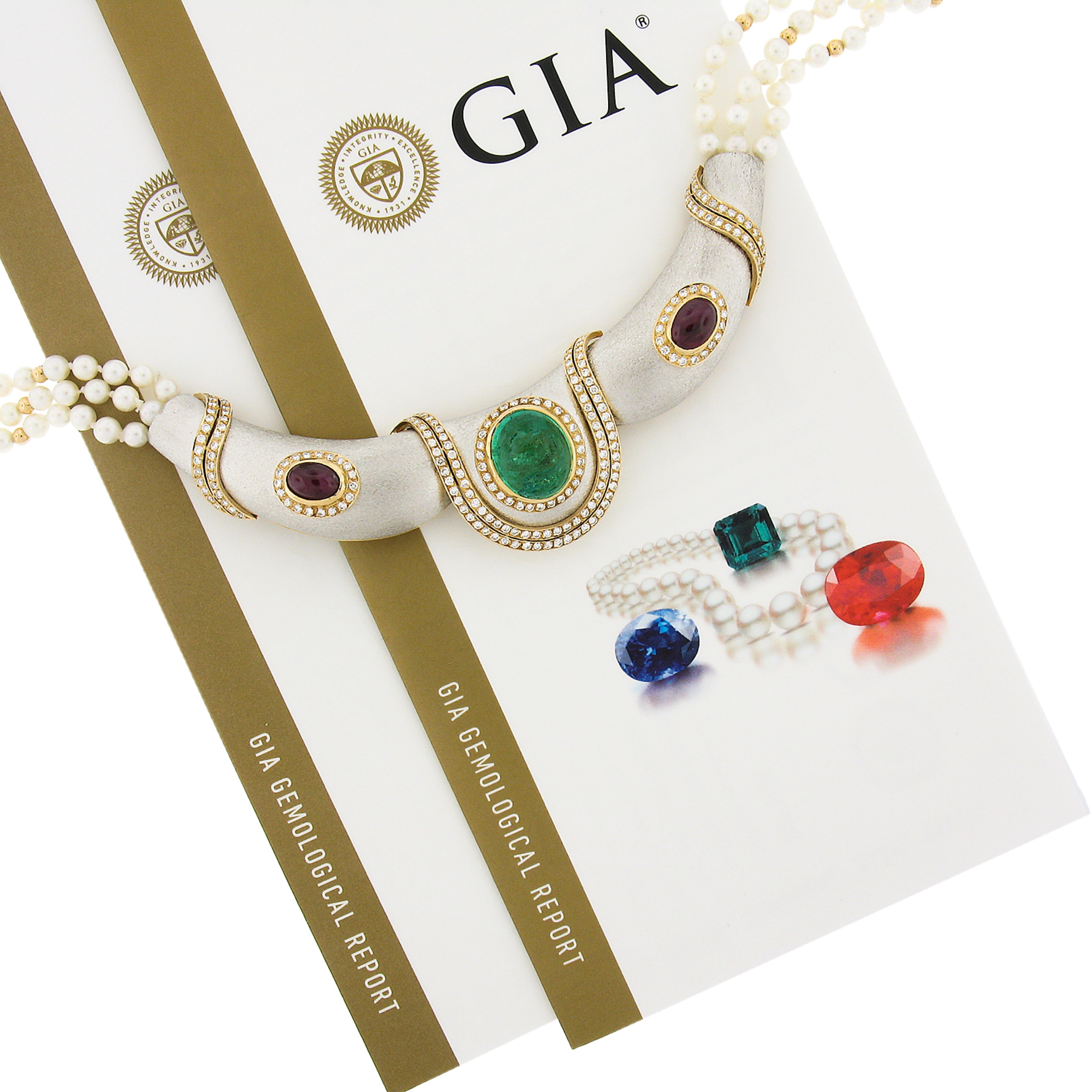 18 Karat Gold GIA kolumbianischer Smaragd & Rubin Diamant Dreireihige Perlen-Halskette im Angebot 4