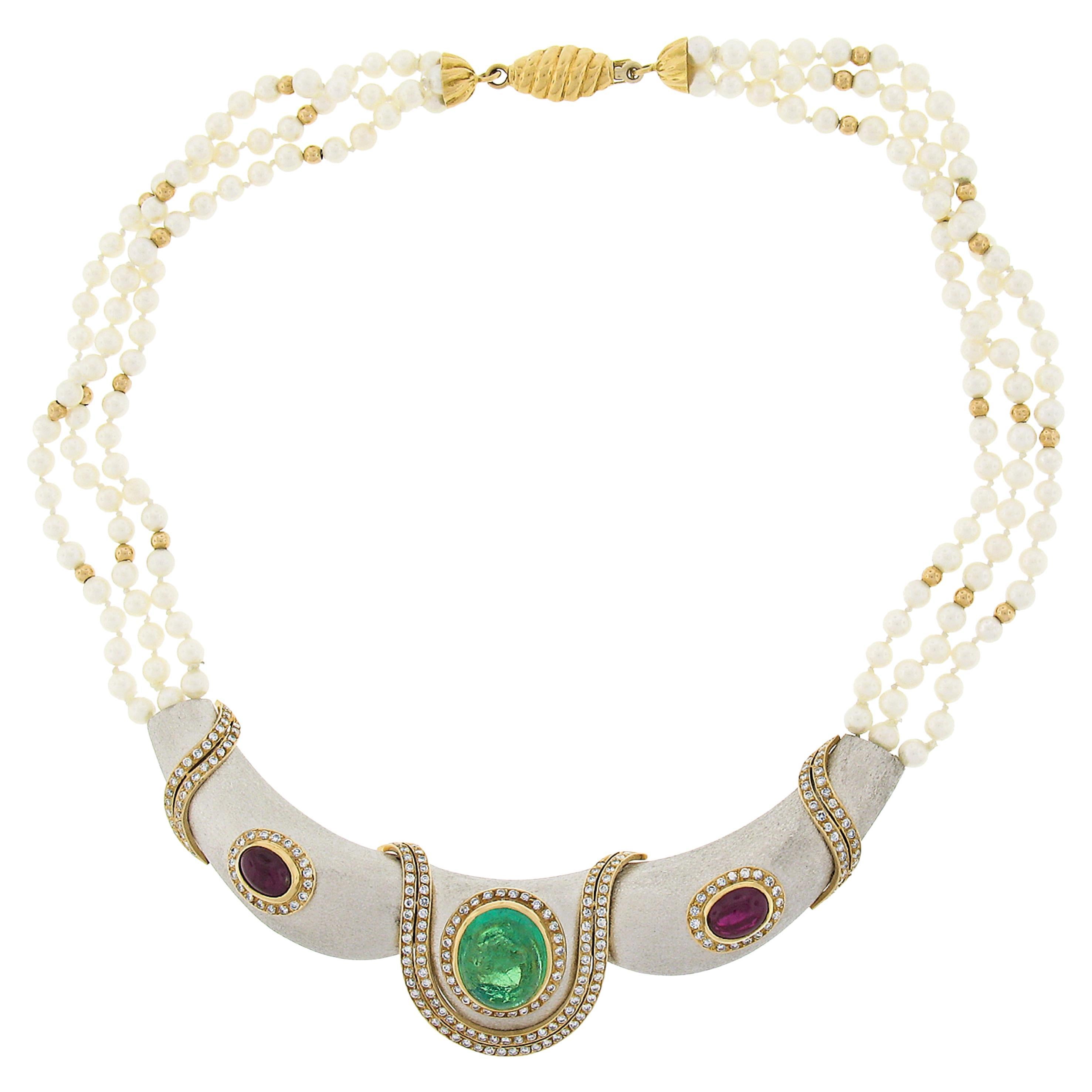18k Gold GIA Colombian Emerald & Ruby Diamond Three Strand Pearl Collar Necklace