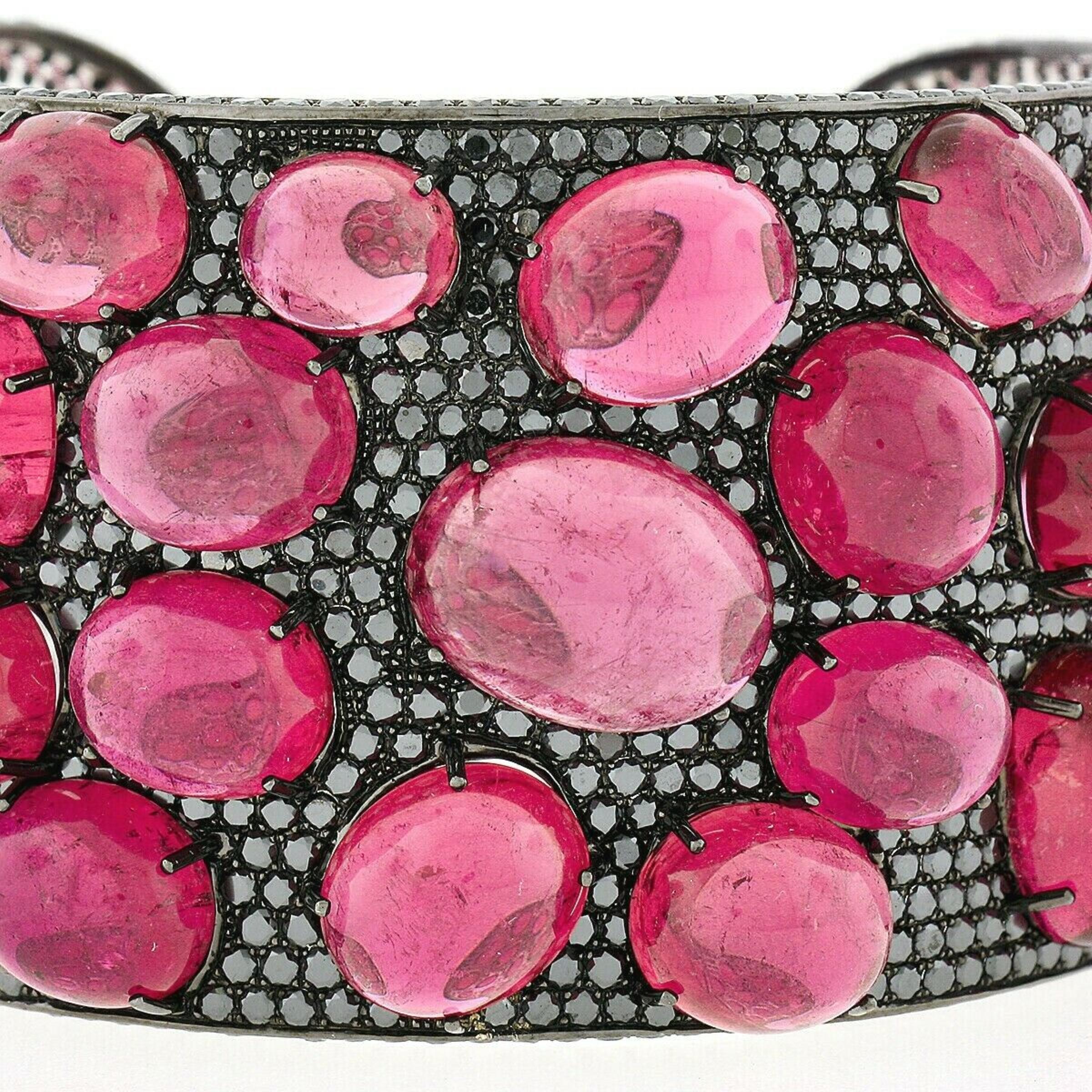 18k Gold GIA Oval Cabochon Rubellite Tourmaline Black Diamond Wide Cuff Bracelet In Excellent Condition For Sale In Montclair, NJ