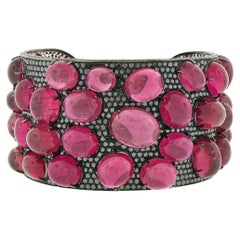 Bracelet manchette large en or 18 carats avec cabochon ovale, rubellite tourmaline noire et diamants certifiés GIA