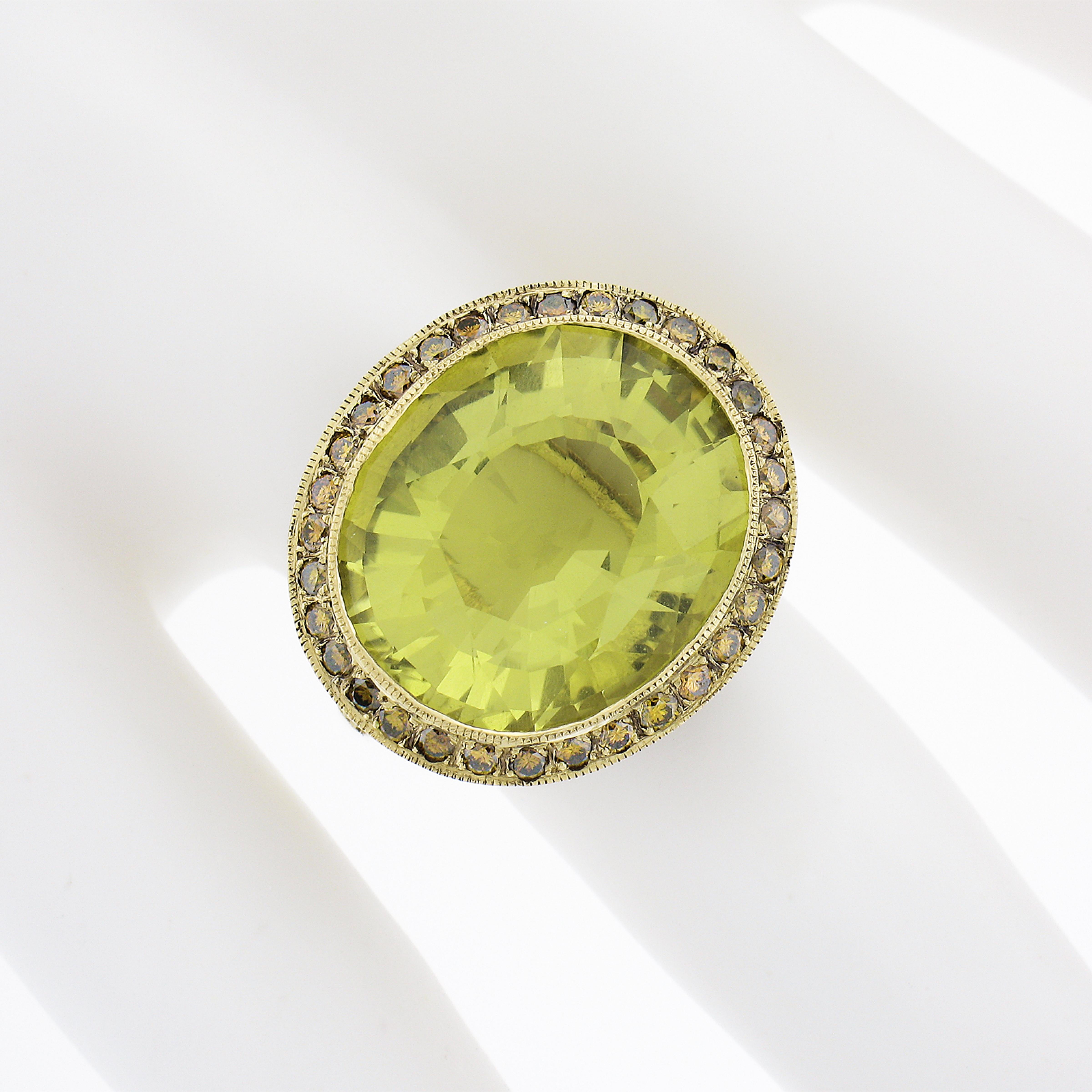 18k Gold Gia Oval Lemon Quartz W/ Fancy Champagne Diamond Halo Cocktail Ring In Excellent Condition For Sale In Montclair, NJ