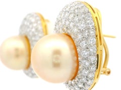 18k Gold GIA Saltwater Golden Pearls 8ctw Pave Set Diamond Oval Button Earrings