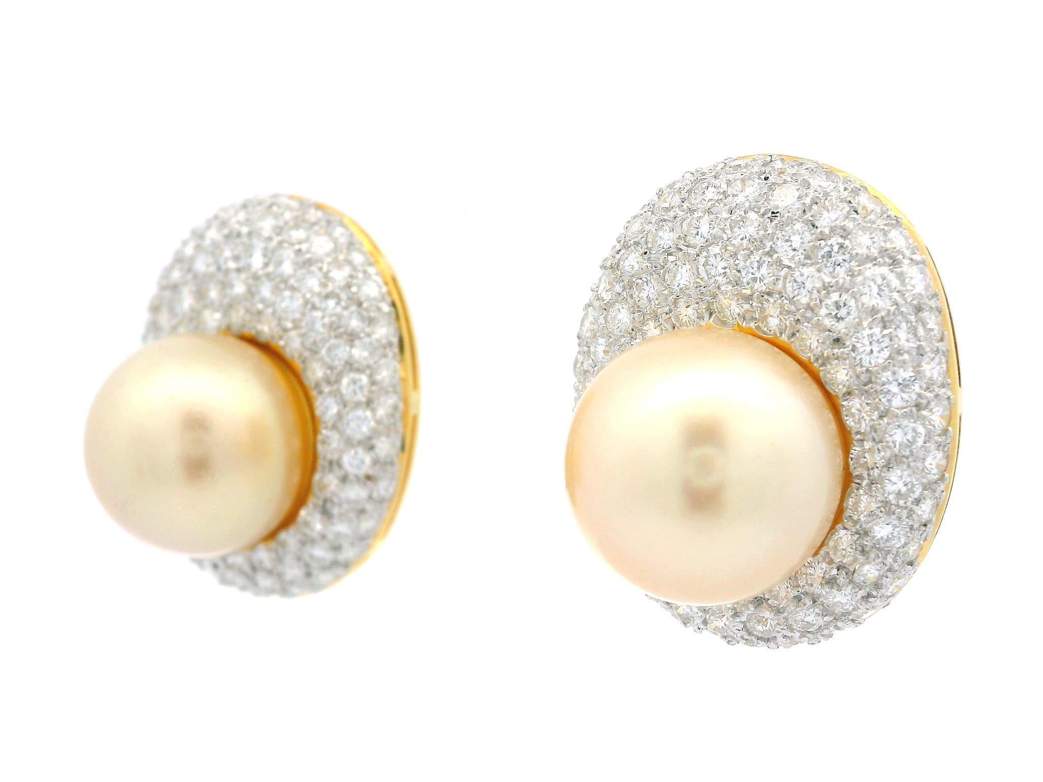 18k Gold GIA Saltwater Golden Pearls 8ctw Pave Set Diamond Oval Button Earrings In Excellent Condition In Montclair, NJ