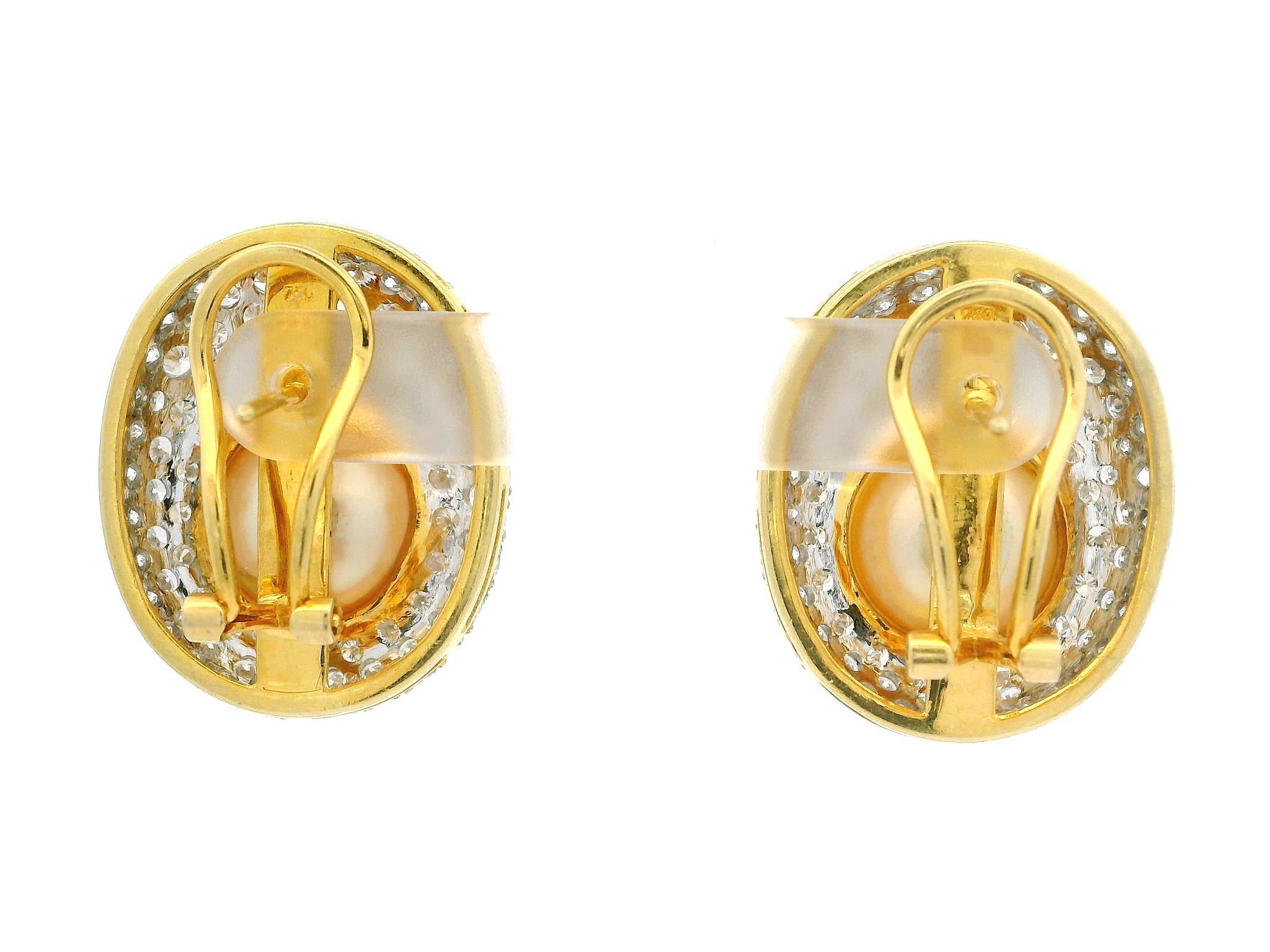 Women's 18k Gold GIA Saltwater Golden Pearls 8ctw Pave Set Diamond Oval Button Earrings For Sale