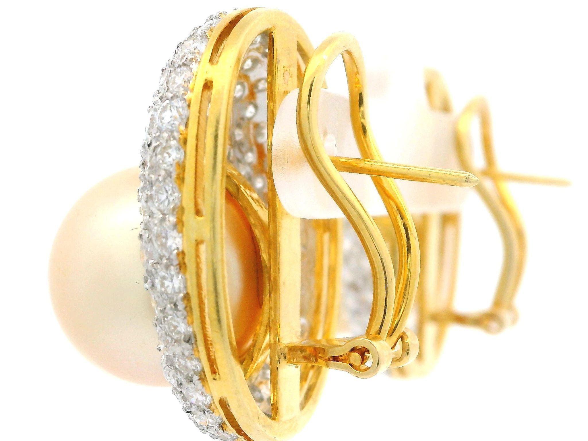 18k Gold GIA Saltwater Golden Pearls 8ctw Pave Set Diamond Oval Button Earrings For Sale 1