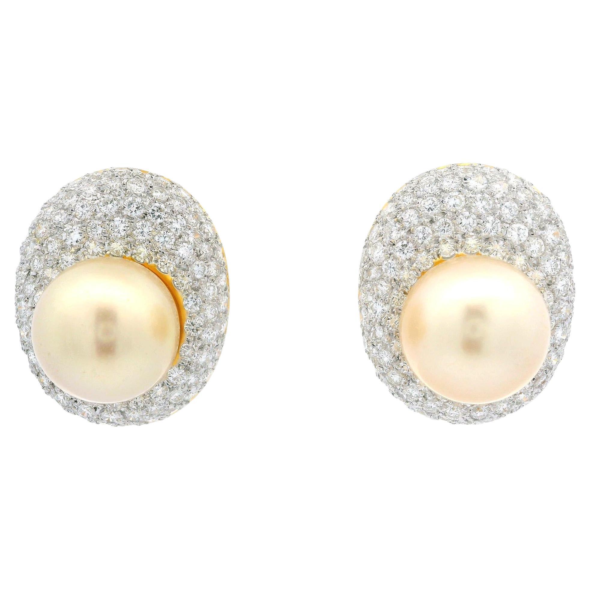 18k Gold GIA Saltwater Golden Pearls 8ctw Pave Set Diamond Oval Button Earrings
