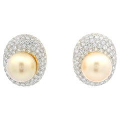 18k Gold GIA Saltwater Golden Pearls 8ctw Pave Set Diamond Oval Button Earrings