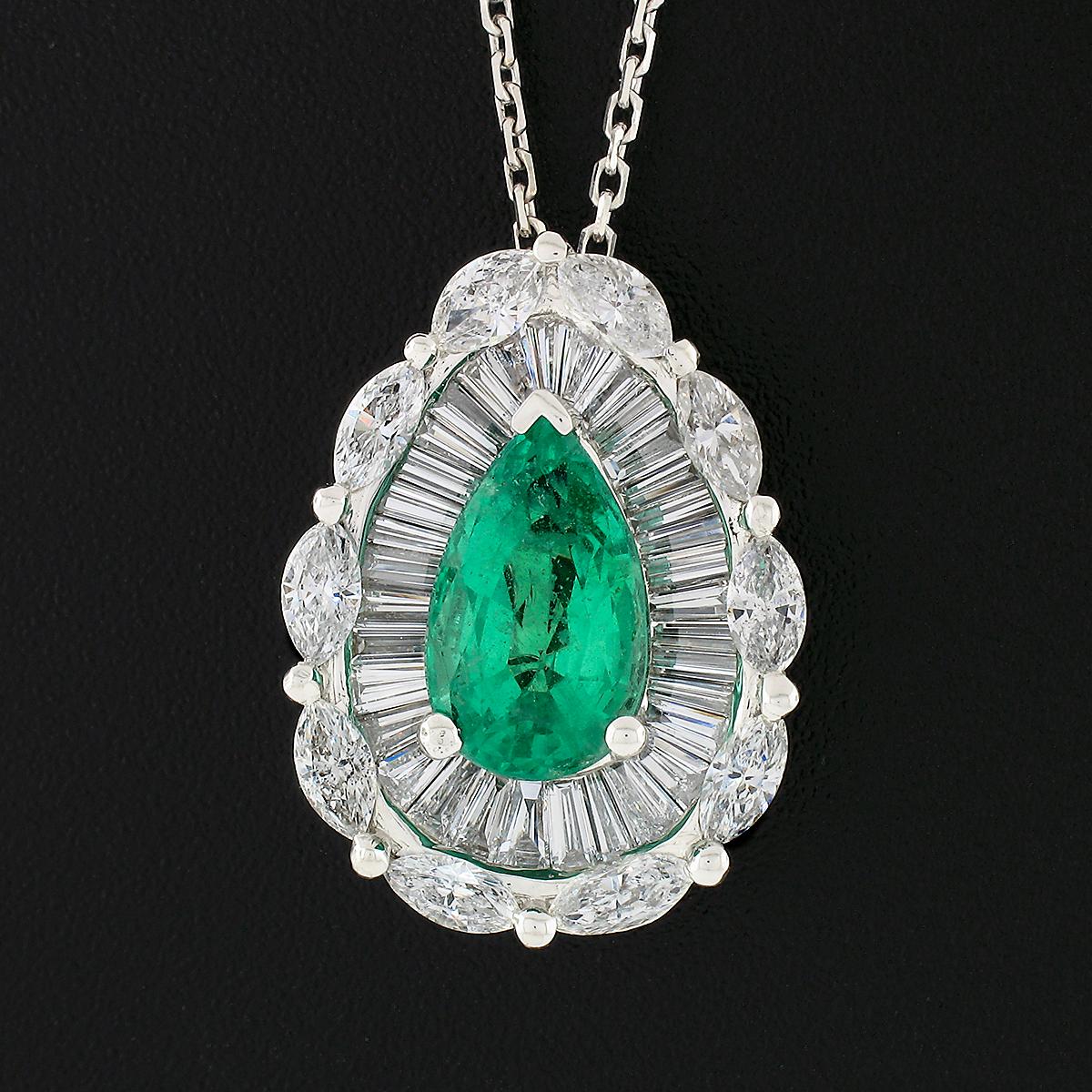 Here we have a truly fancy emerald and diamond teardrop pendant crafted in solid 18k white gold. The pendant features a breathtaking, approximately 2.30 carats, GIA certified natural emerald stone displaying the most attractive and happy vivid green