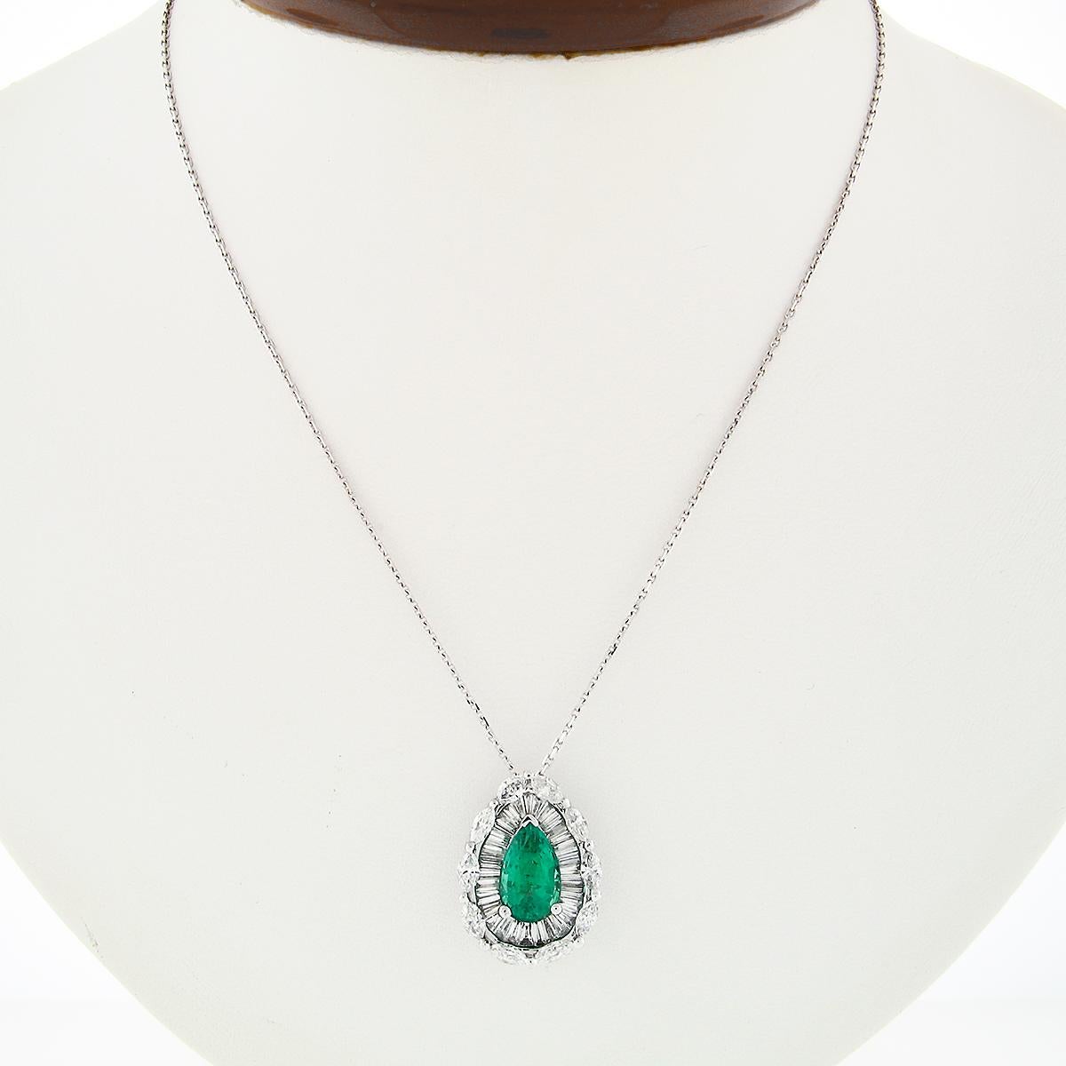 Pear Cut 18k Gold GIA Teardrop Not Treated Emerald & Ballerina Diamond Pendant Necklace