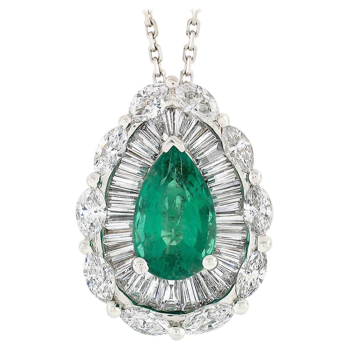 18k Gold GIA Teardrop Not Treated Emerald & Ballerina Diamond Pendant Necklace