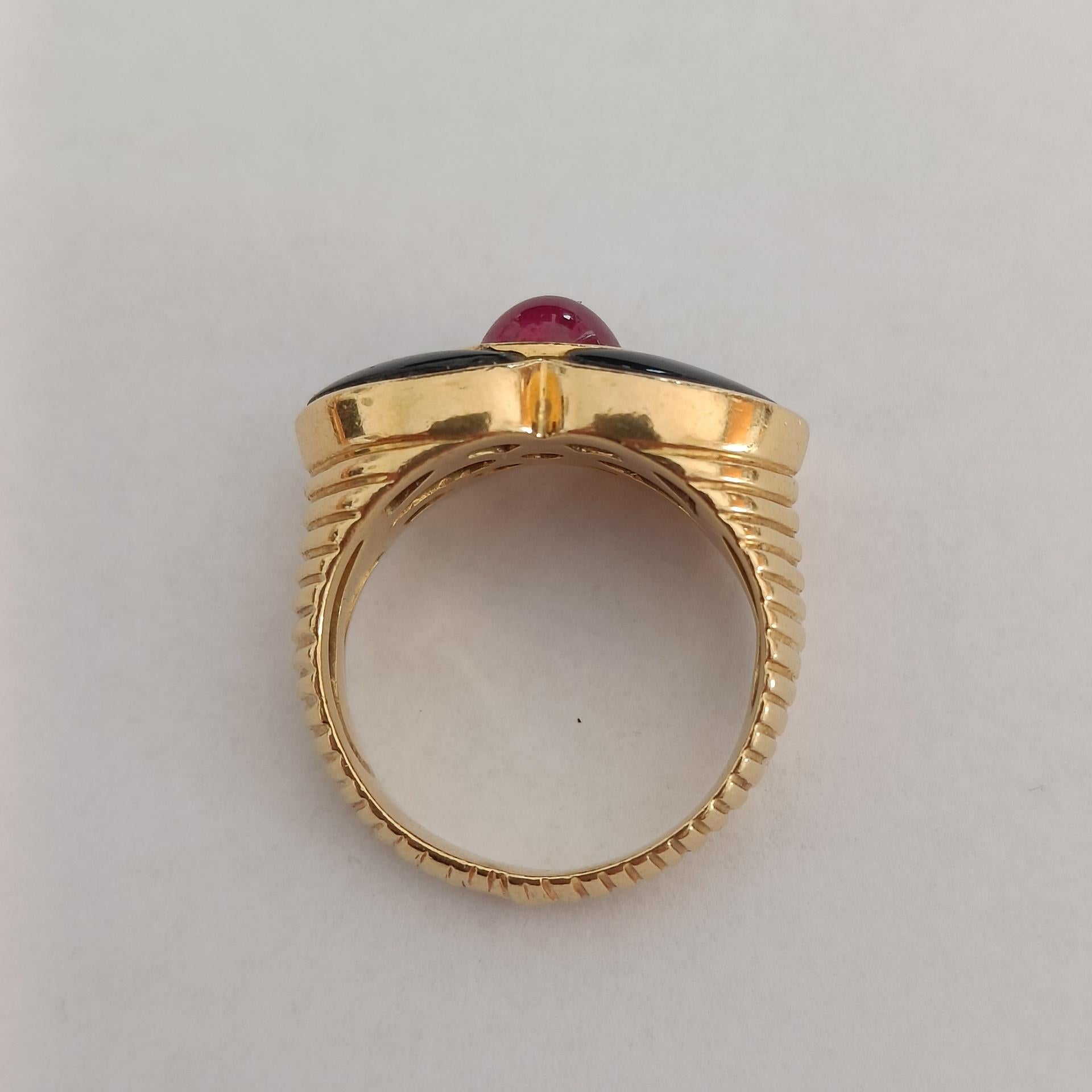 Art Nouveau 18k Gold Godronné Ring with a Ruby Cabochon and Black Onyx For Sale