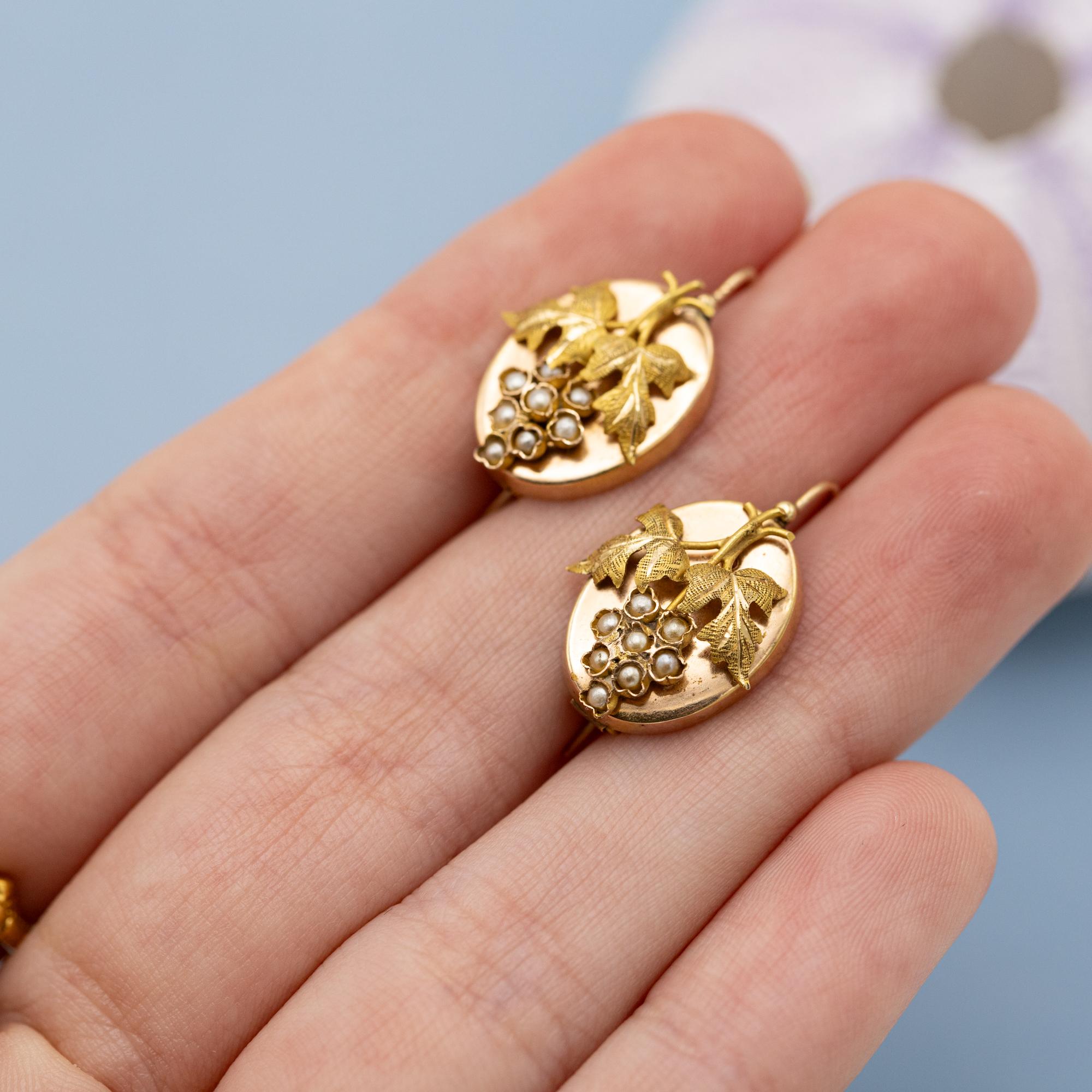 18K gold grapes earrings - Antique sleepers, Victorian Dormeuses - Art Nouveau 3