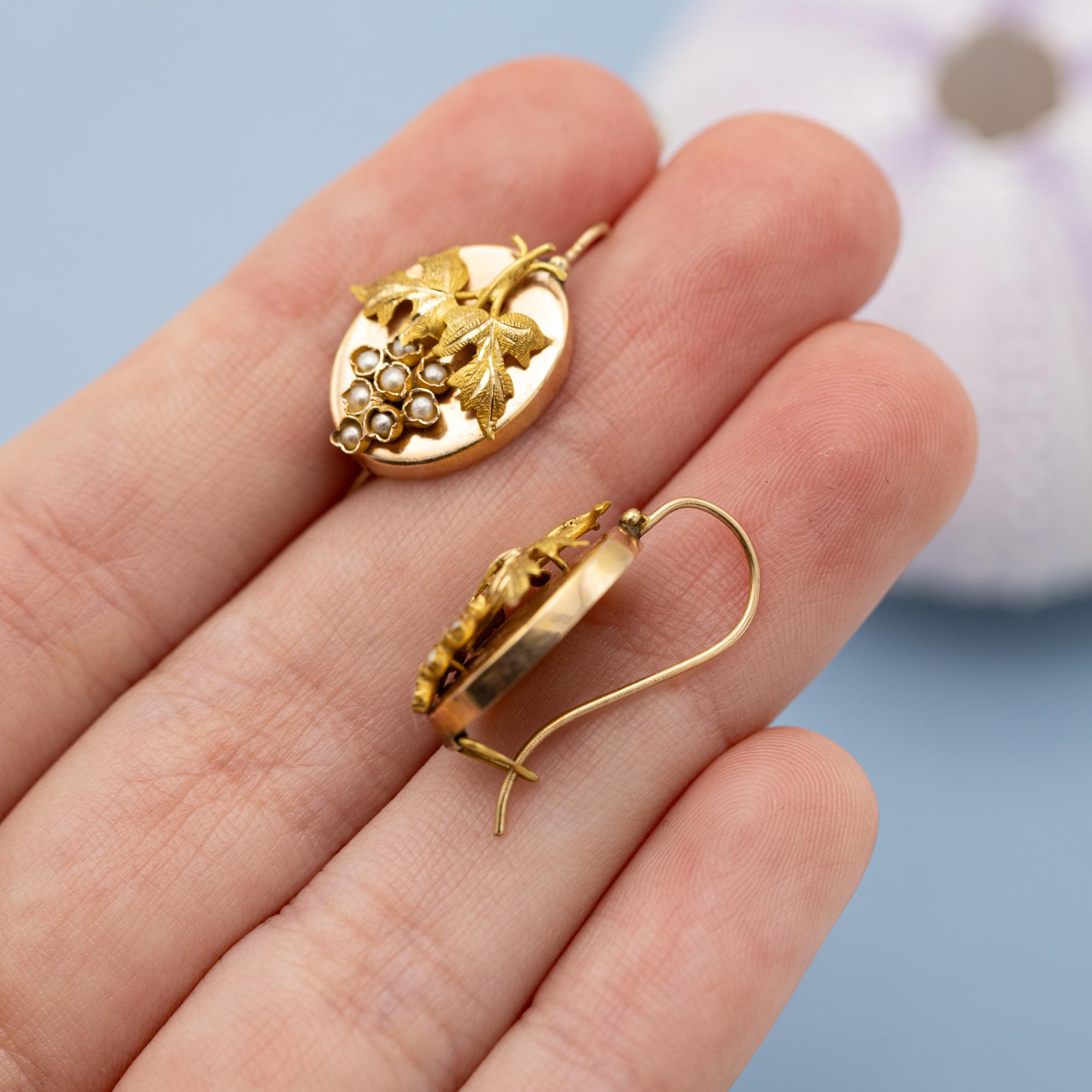 18K gold grapes earrings - Antique sleepers, Victorian Dormeuses - Art Nouveau 4