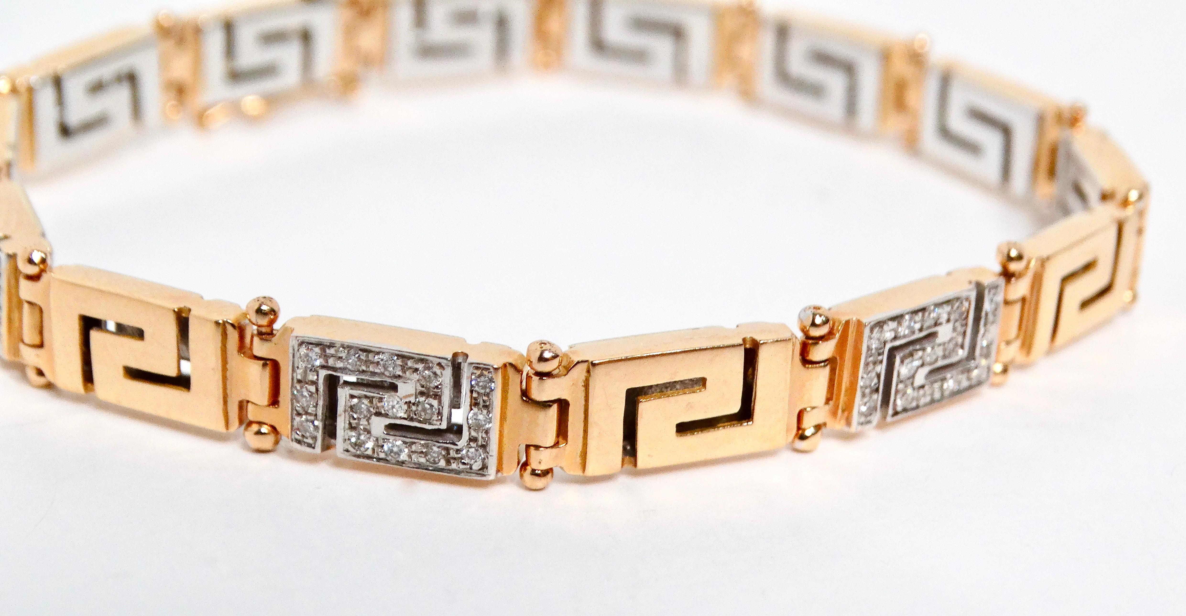 Elevate your jewelry collection with this stunning 18k Gold Greek Key Two-Tone Link Bracelet, featuring intricate diamond accents that lend a touch of luxury and sophistication. The bracelet's unique Greek key design, symbolizing eternity and unity,
