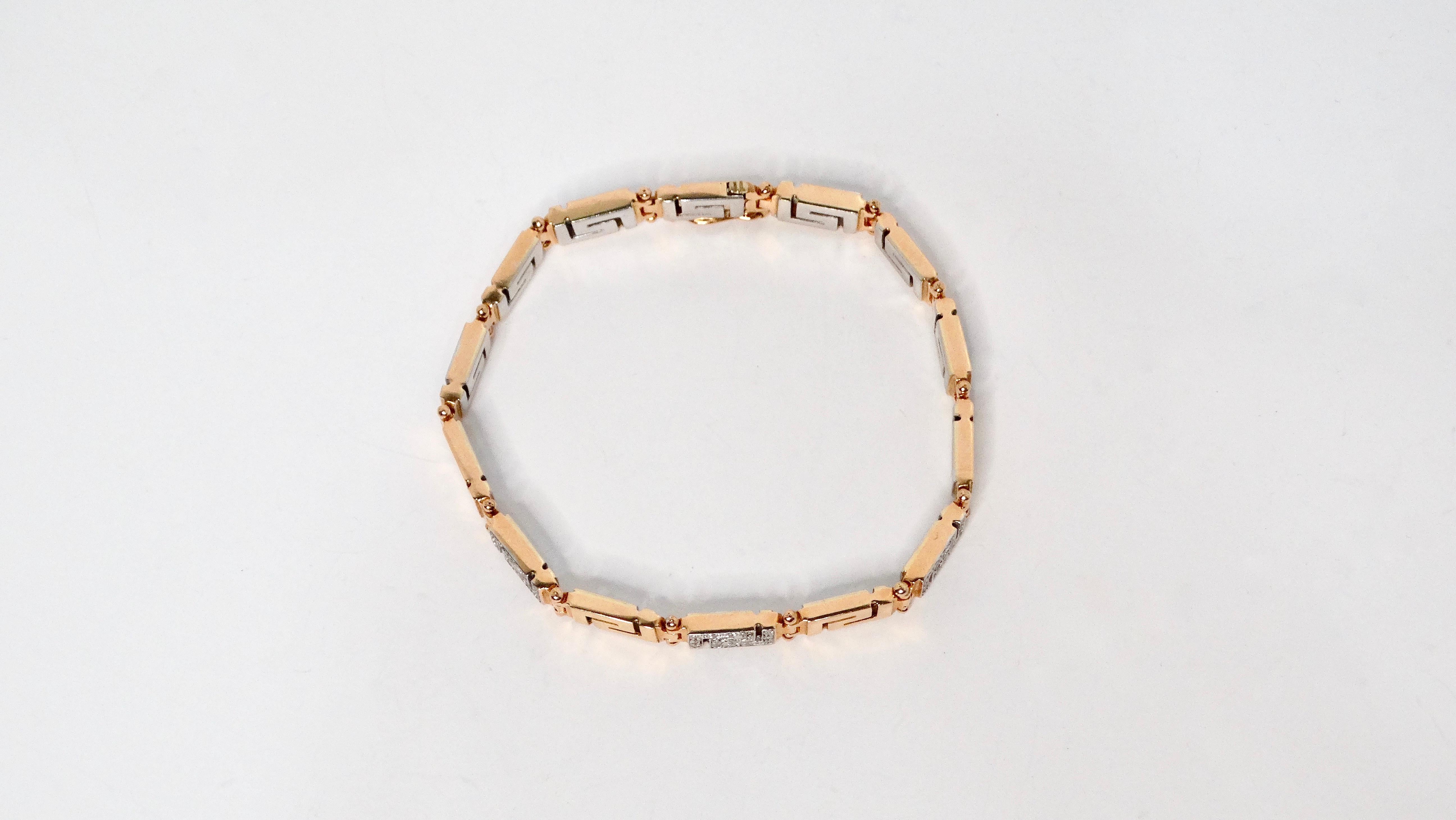 18k Gold Greek Key Two-Tone Link Bracelet With Diamonds In Good Condition For Sale In Scottsdale, AZ