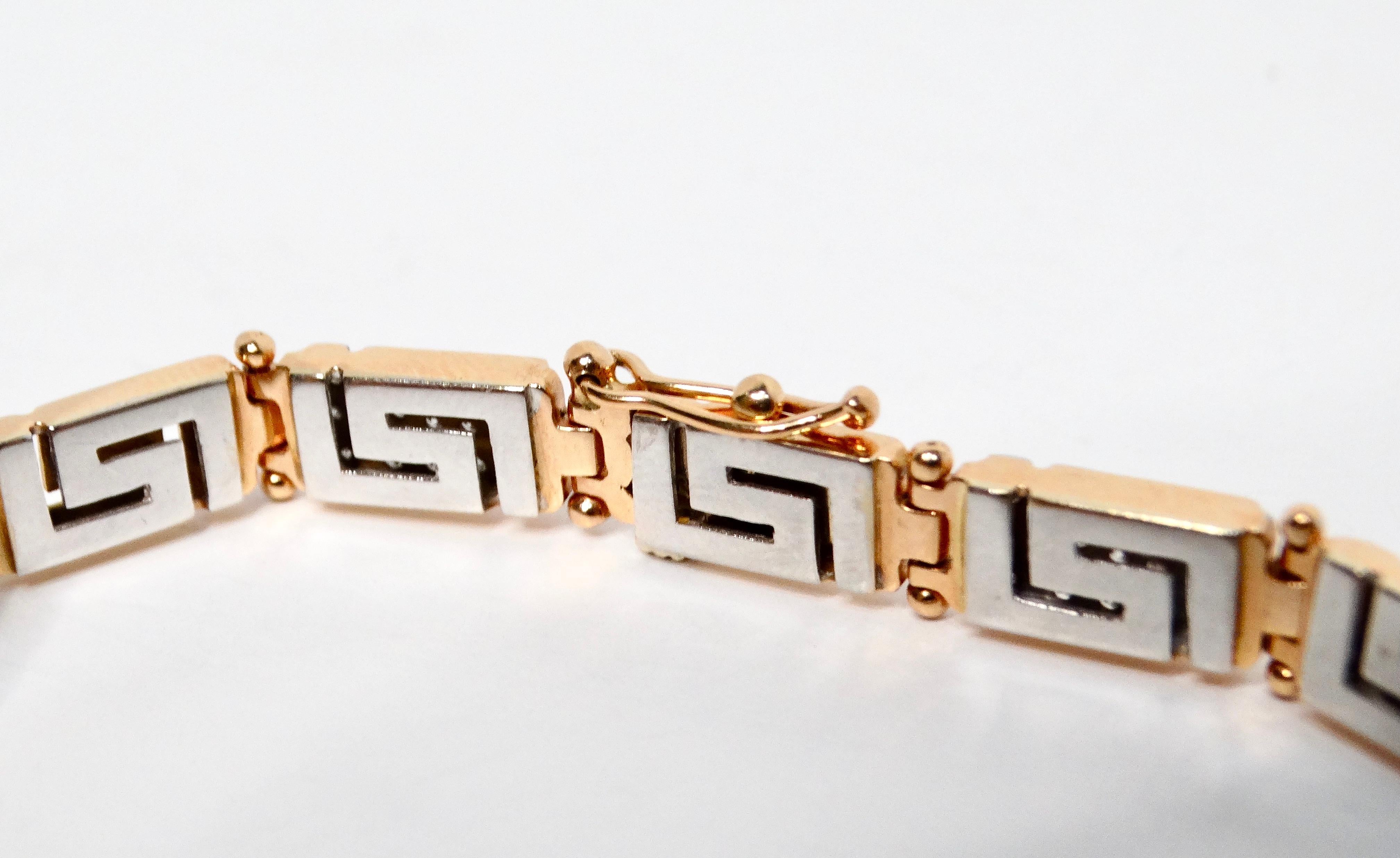 Women's 18k Gold Greek Key Two-Tone Link Bracelet With Diamonds For Sale
