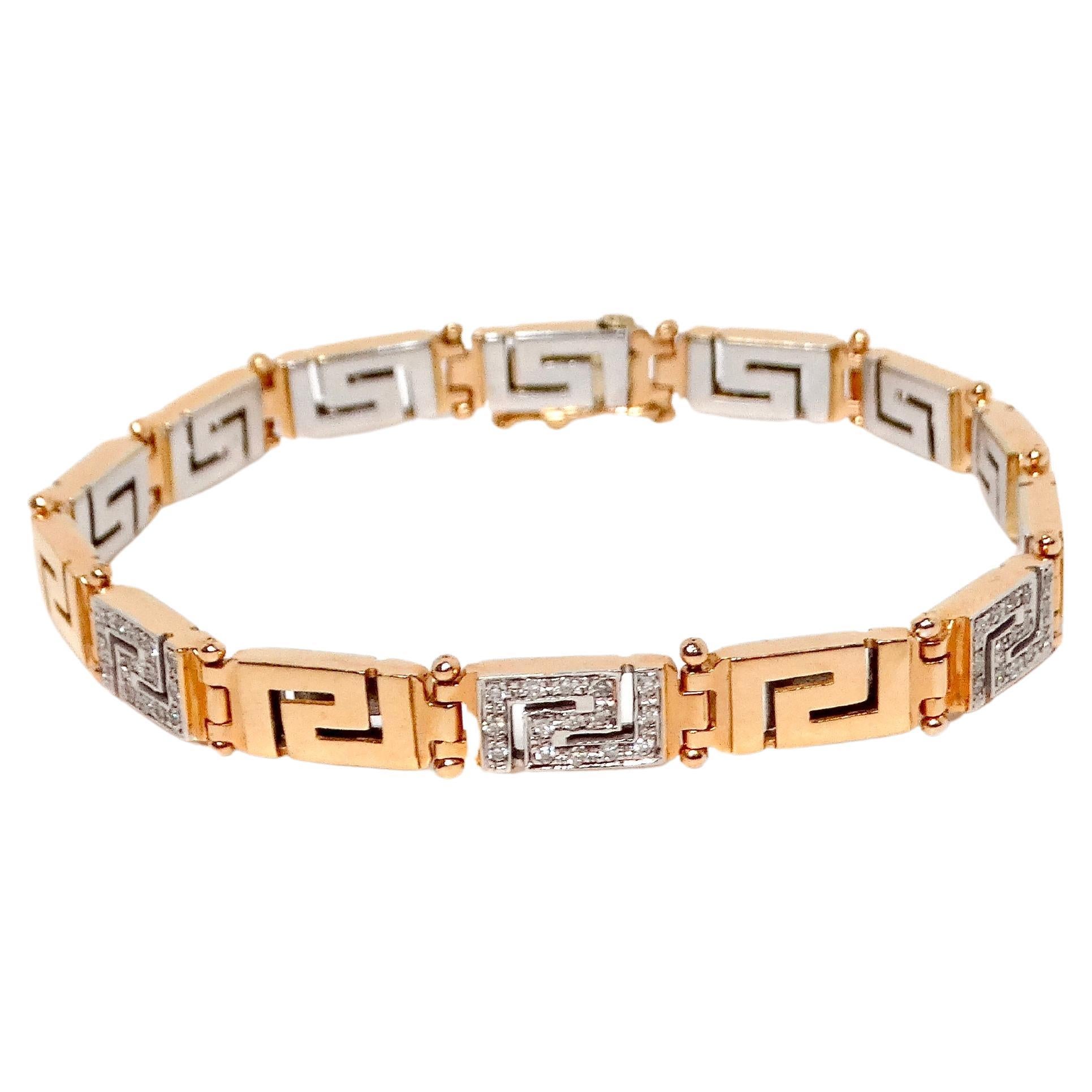 18k Gold Greek Key Two-Tone Link Bracelet With Diamonds For Sale 1