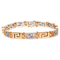 18k Gold Greek Key Two-Tone Link Bracelet With Diamonds