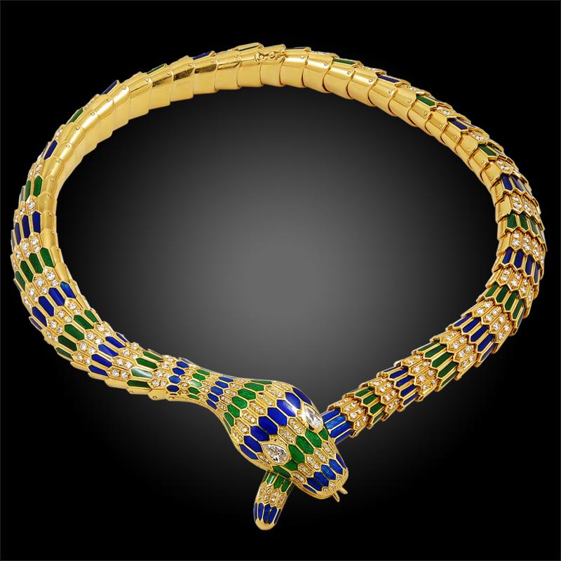 Round Cut 18 Karat Gold Green/Blue Enamel Diamond Snake Necklace, Earrings