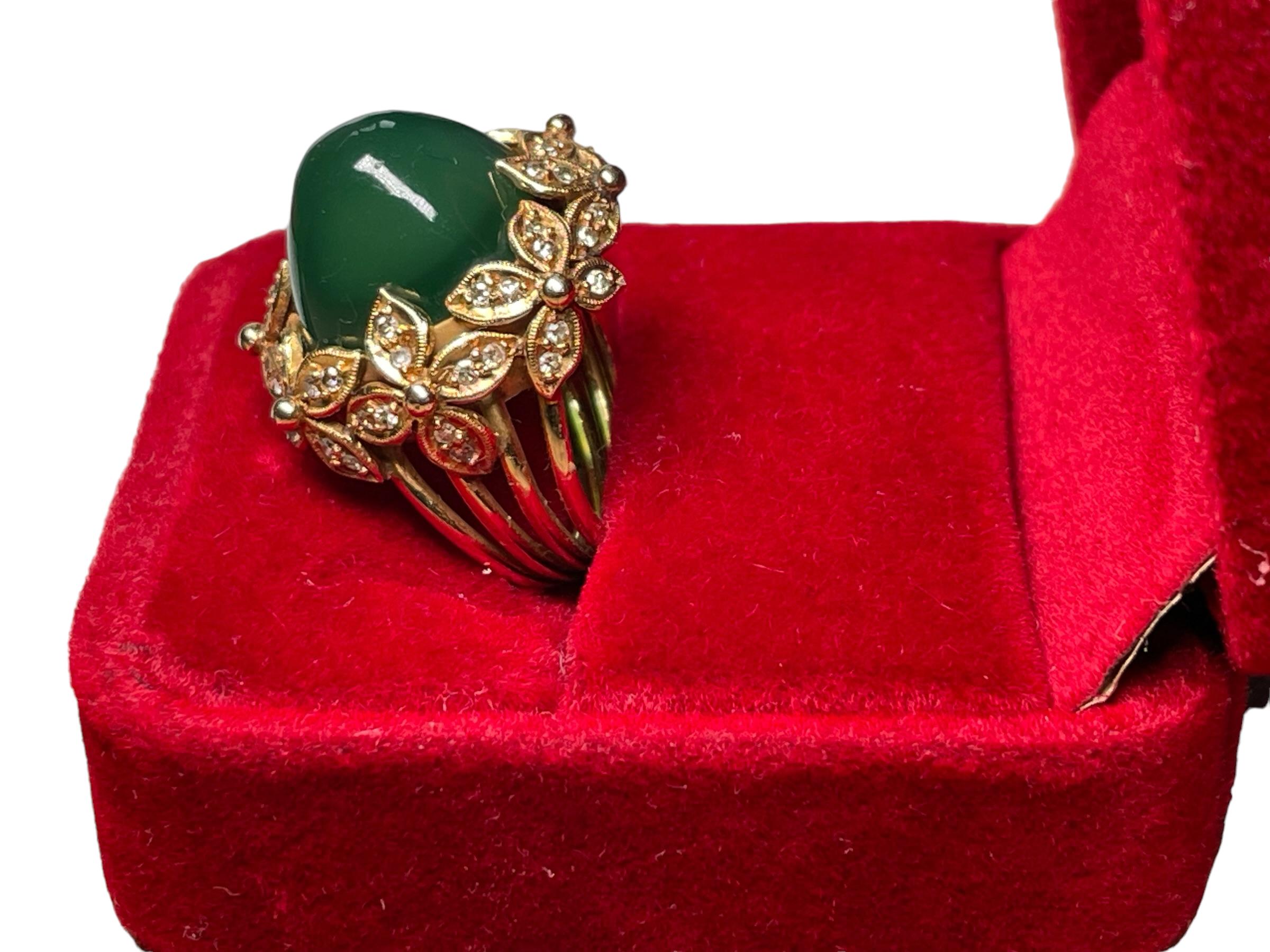 18K Gold Green Crystal And Diamond Dome Ring For Sale 9