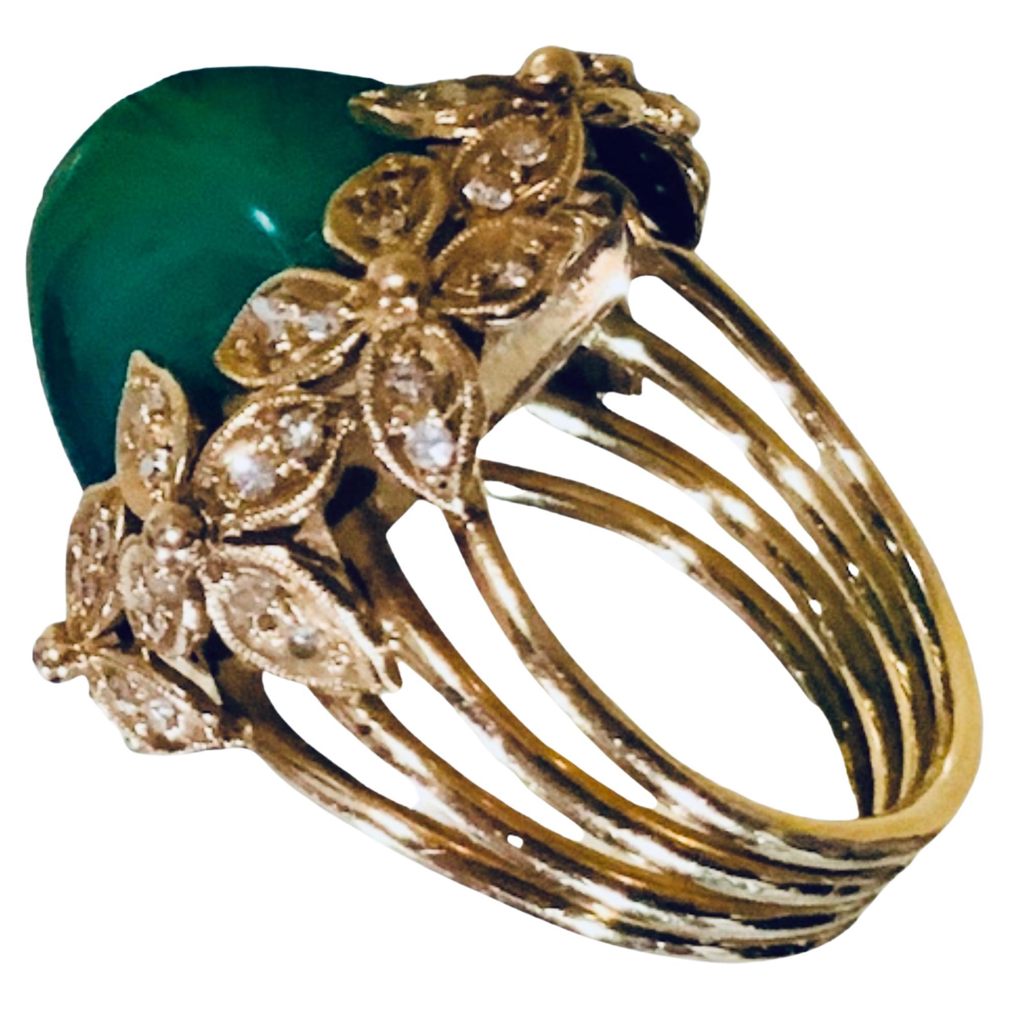 18K Gold Green Crystal And Diamond Dome Ring