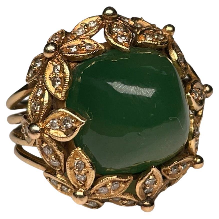 18K Gold Green Crystal And Diamond Dome Ring For Sale