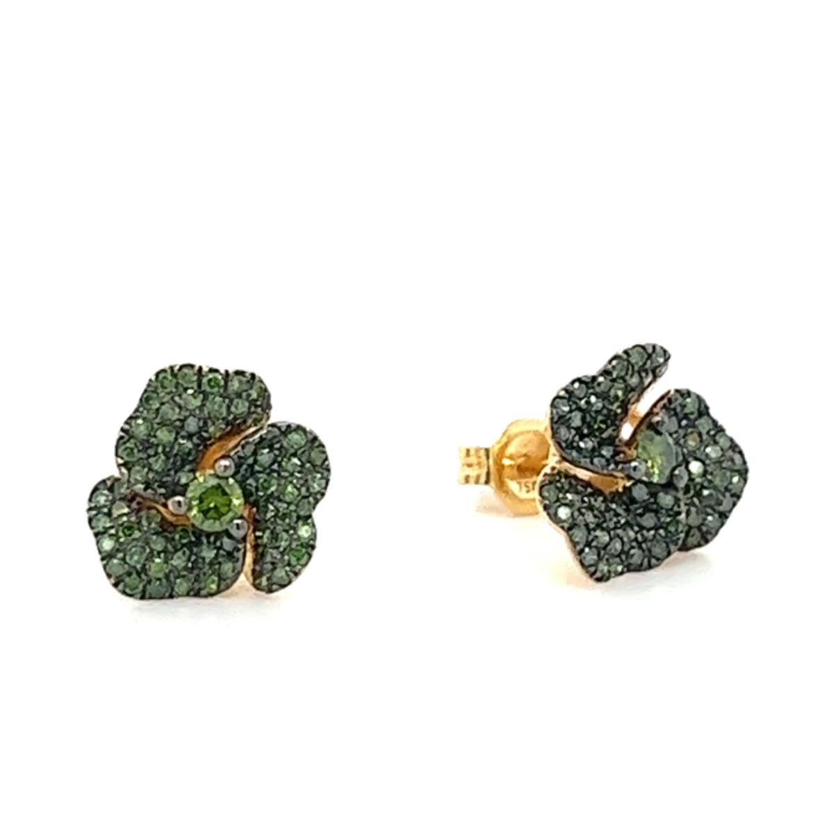 Modern 18K Gold Green Diamond Flower Earrings For Sale