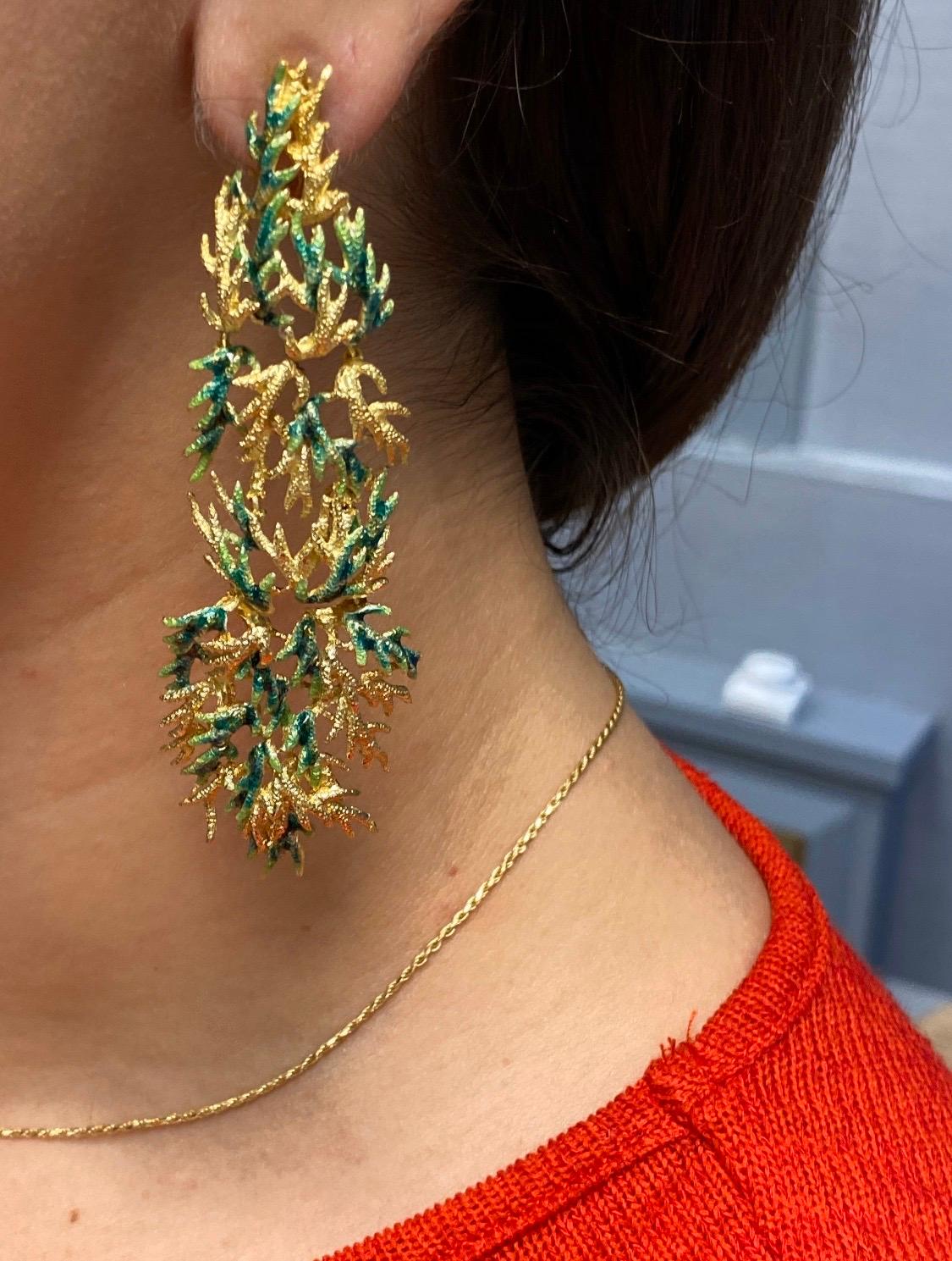 Women's 18 Karat Gold Green Enamel “Leaf” Motif Drop Earrings For Sale