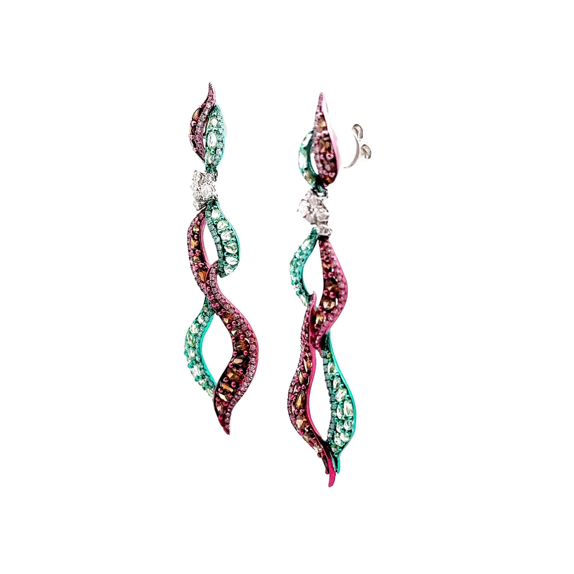 Taglio misto Orecchini pendenti con diamanti in oro verde e rodio rosa 18k in vendita