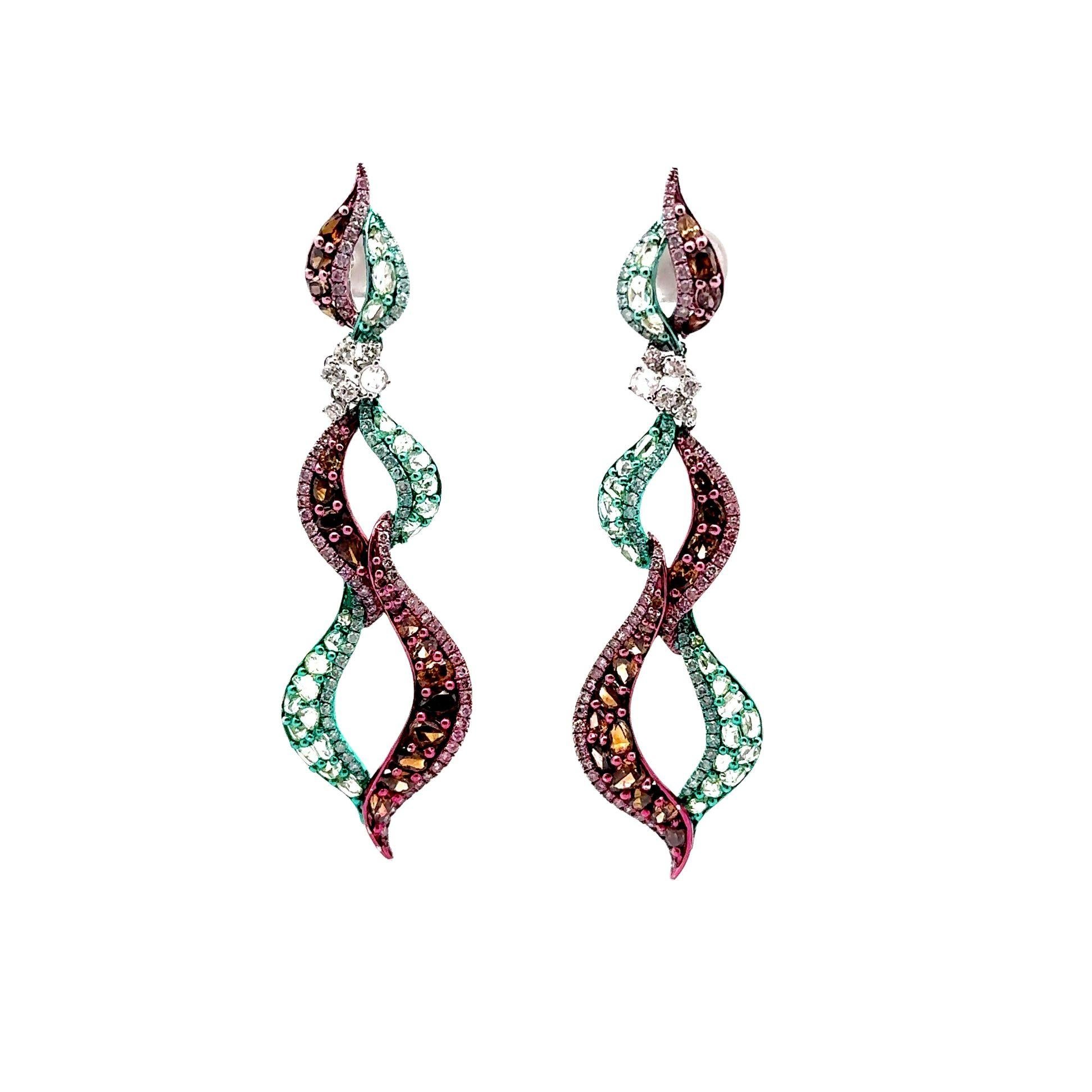 Orecchini pendenti con diamanti in oro verde e rodio rosa 18k In condizioni Nuovo in vendita a Beverly Hills, CA