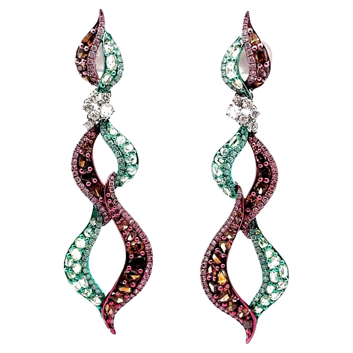 Orecchini pendenti con diamanti in oro verde e rodio rosa 18k in vendita