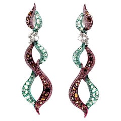 18k Gold Green & Pink Rhodium Diamond Dangle Earrings