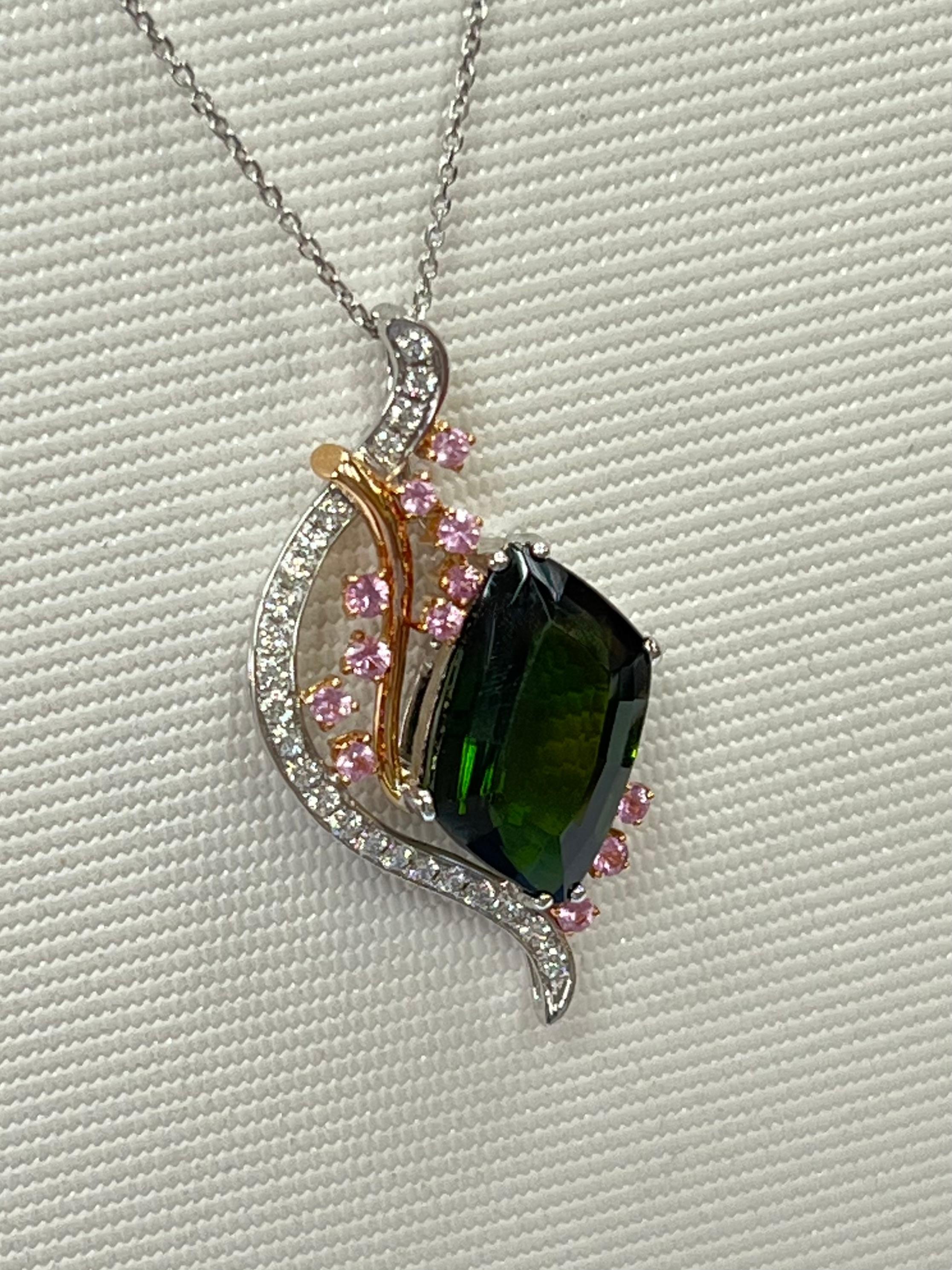 18K Gold, Green Tourmaline 5.45 Carat, Pink Sapphire & Diamond Pendant For Sale 9