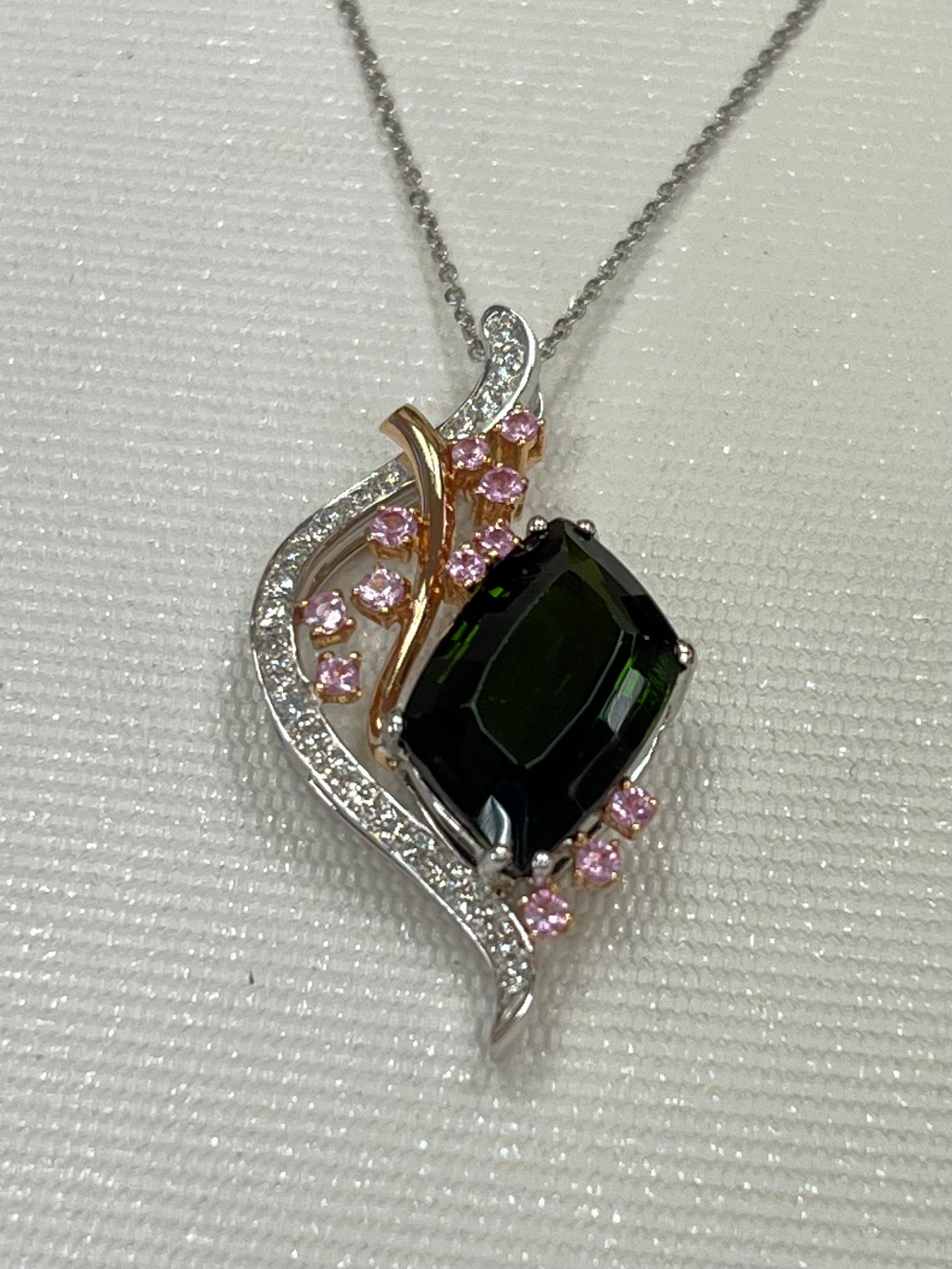 18K Gold, Green Tourmaline 5.45 Carat, Pink Sapphire & Diamond Pendant For Sale 10