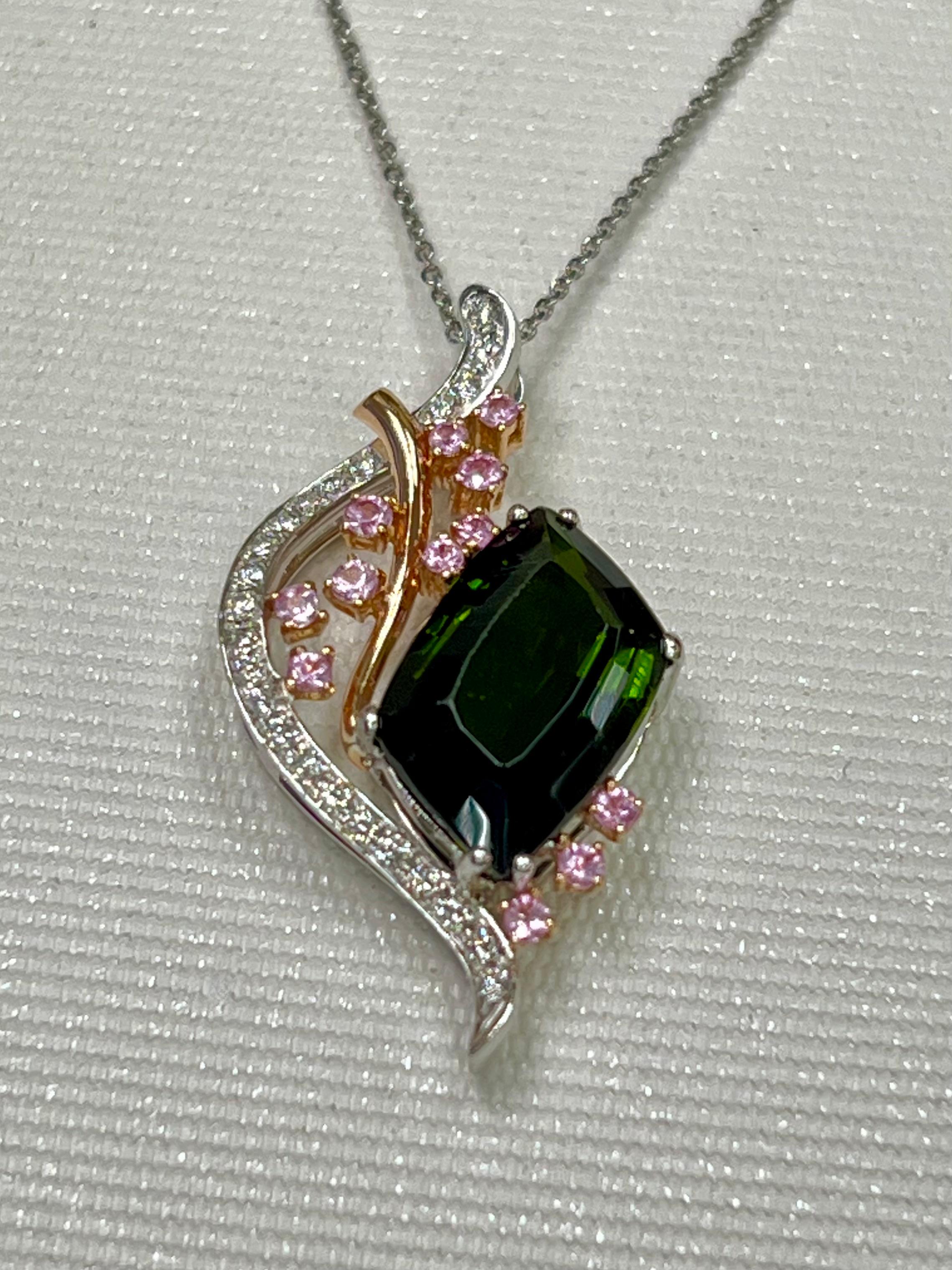 18K Gold, Green Tourmaline 5.45 Carat, Pink Sapphire & Diamond Pendant For Sale 11