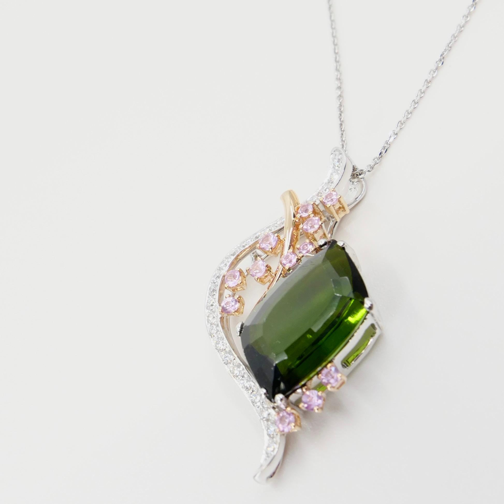 Round Cut 18K Gold, Green Tourmaline 5.45 Carat, Pink Sapphire & Diamond Pendant For Sale