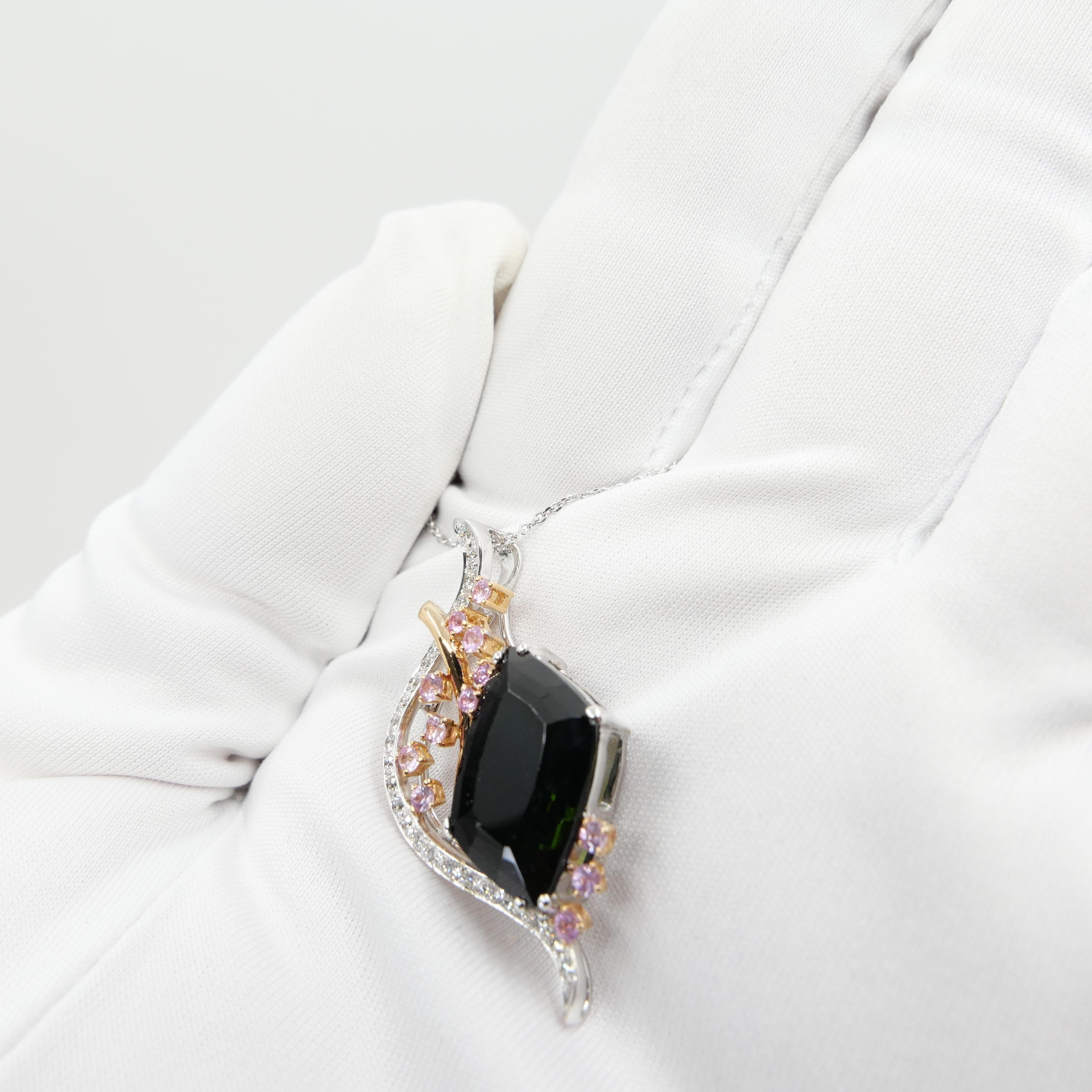 18K Gold, Green Tourmaline, Pink Sapphire & Diamond Pendant For Sale 3