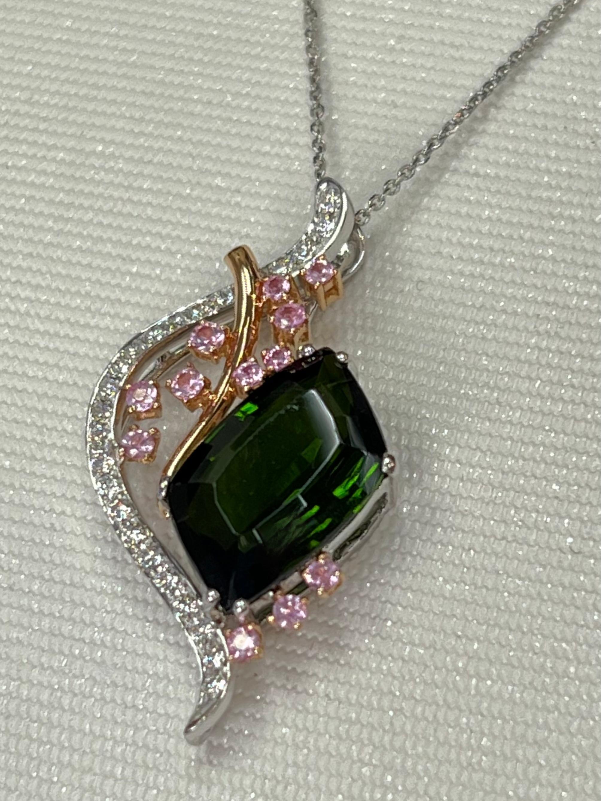 18K Gold, Green Tourmaline 5.45 Carat, Pink Sapphire & Diamond Pendant For Sale 6