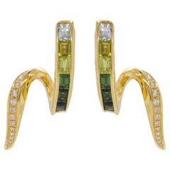 18K Gold Green Tourmaline Baguette Diamond Swirl Earrings