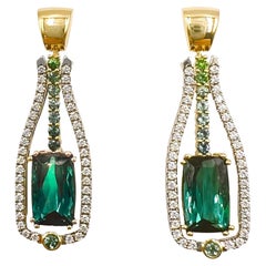 18k Gold Green Tourmaline Diamond Drop Earrings