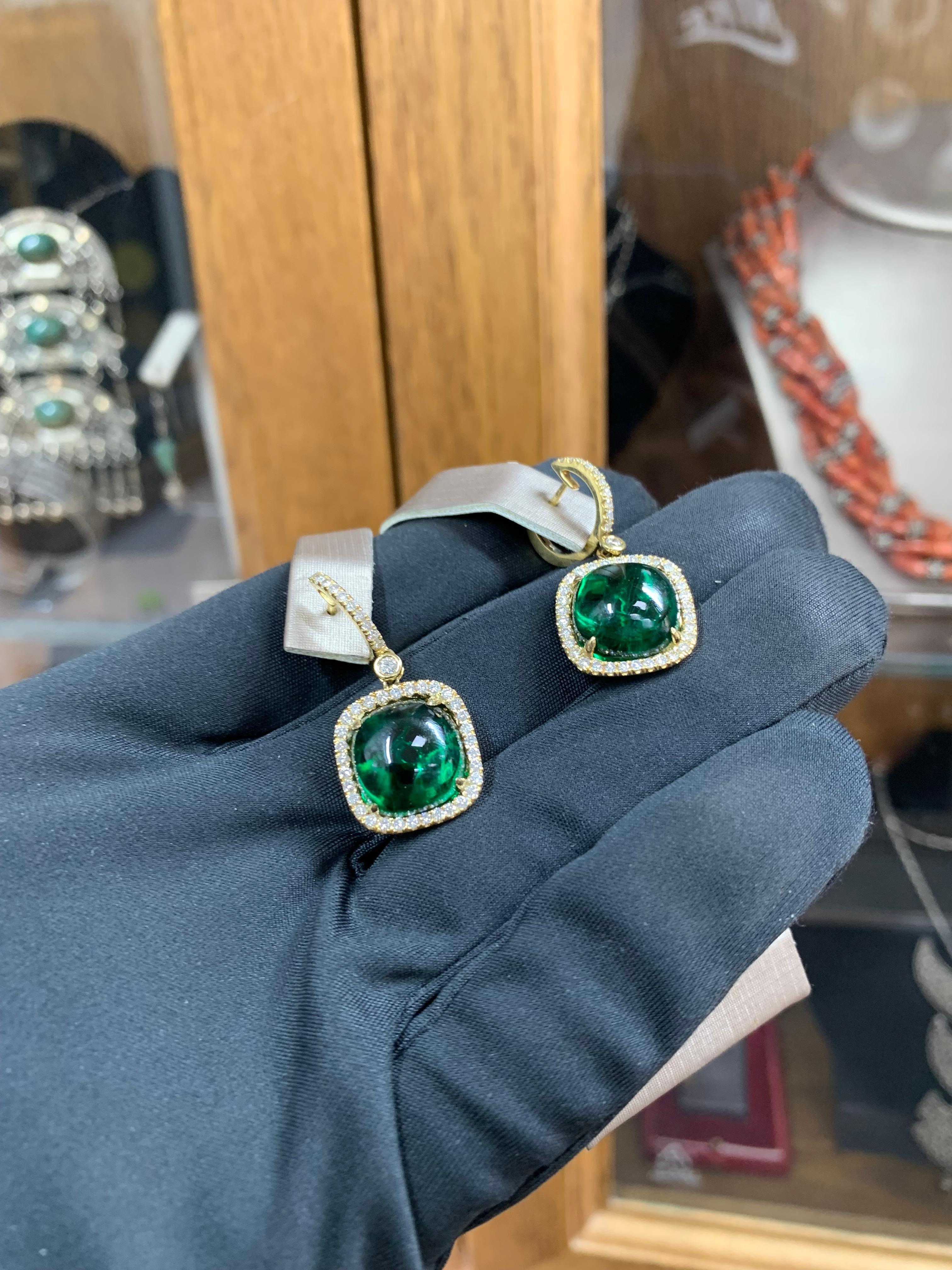 18k Gold Green Tourmaline & Diamond Earrings For Sale 6