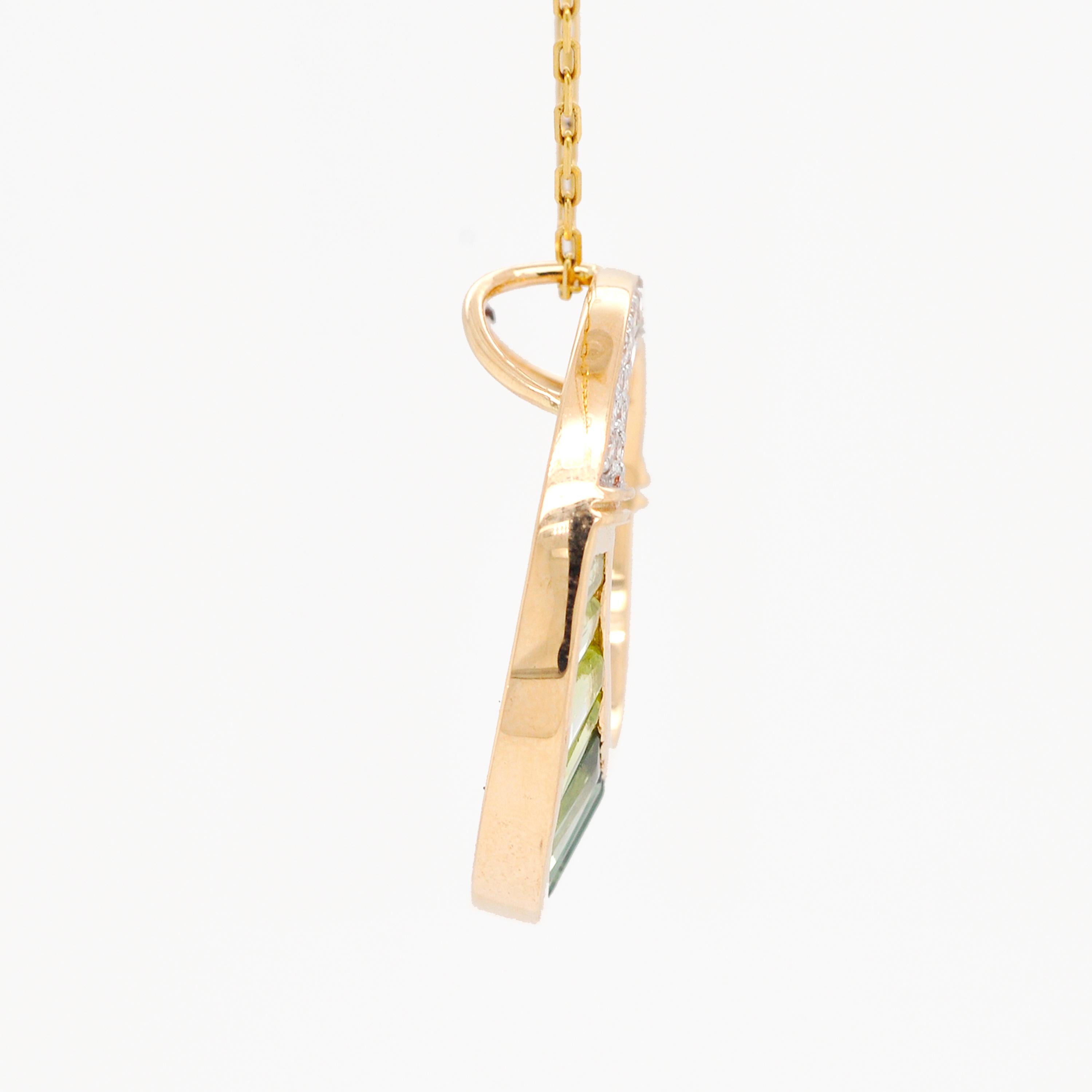 18K Gold Green Tourmaline Peridot Taper Baguette Diamond Art Deco Style Pendant For Sale 4