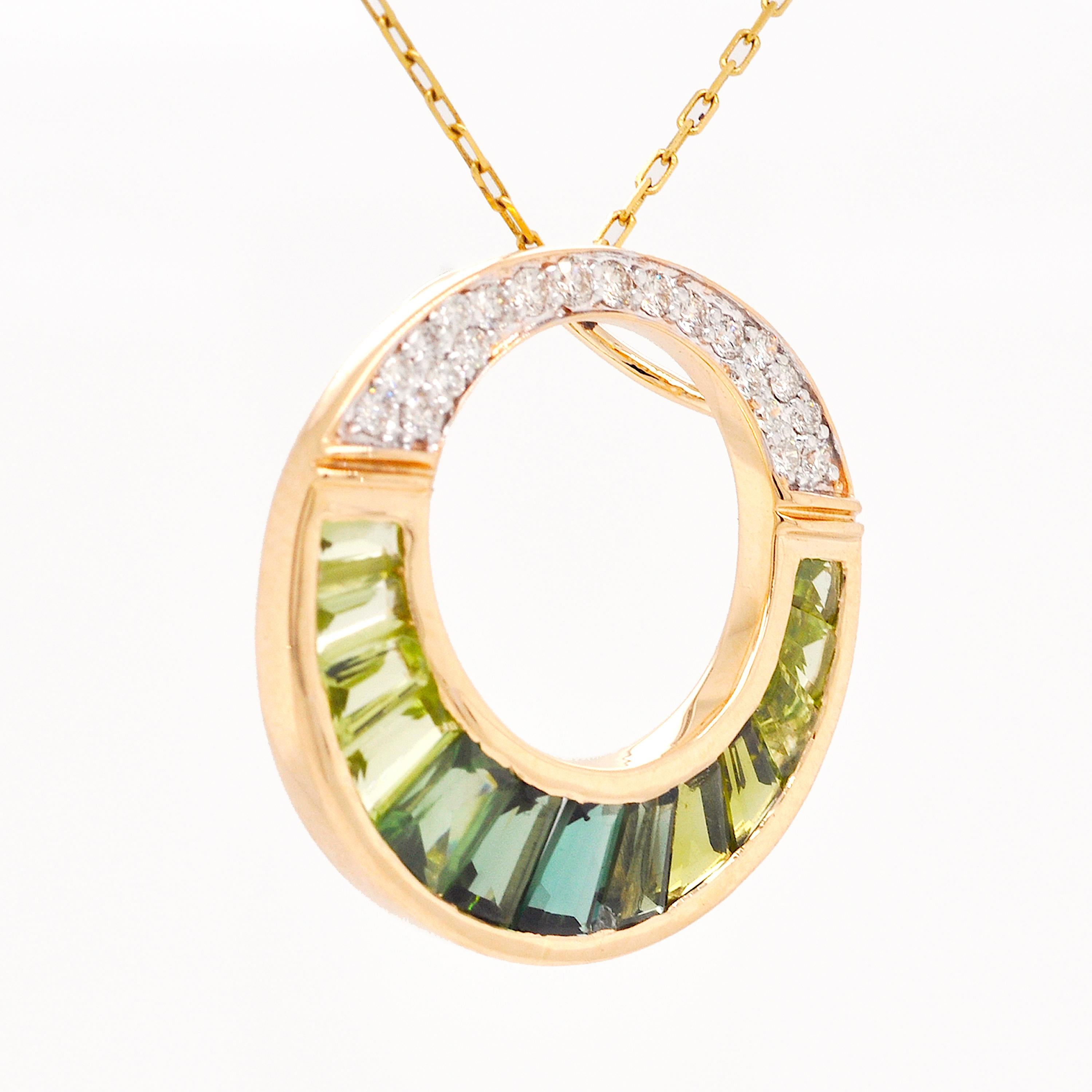 18K Gold Green Tourmaline Peridot Taper Baguette Diamond Art Deco Style Pendant For Sale 5