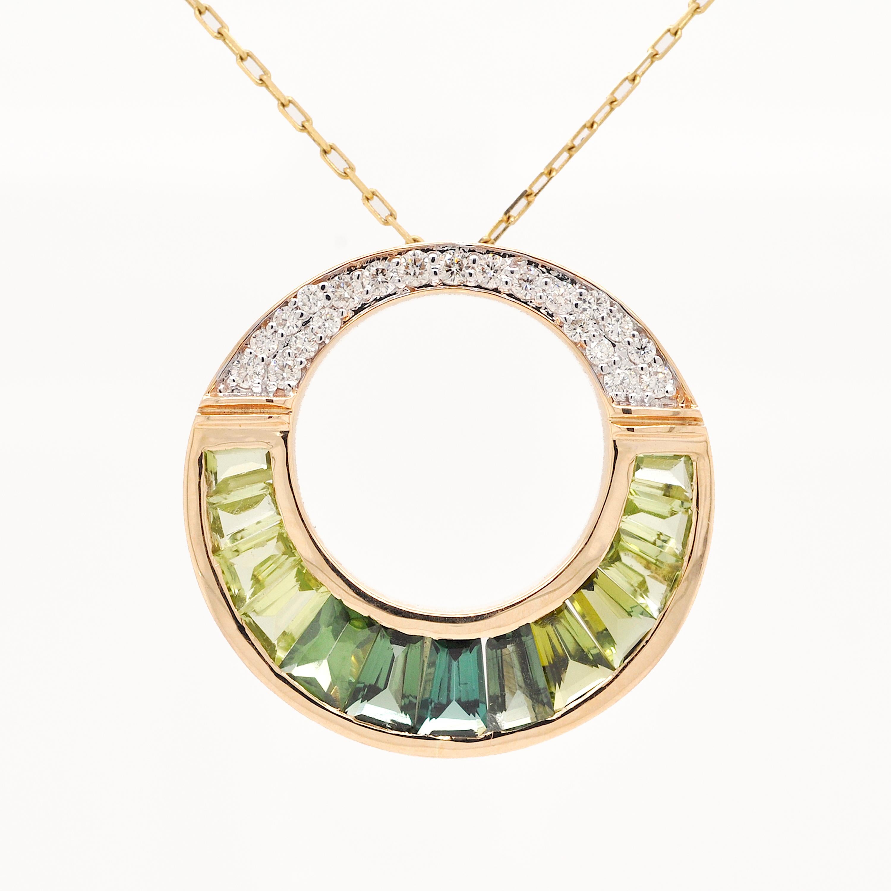 18K Gold Green Tourmaline Peridot Taper Baguette Diamond Art Deco Style Pendant For Sale 1