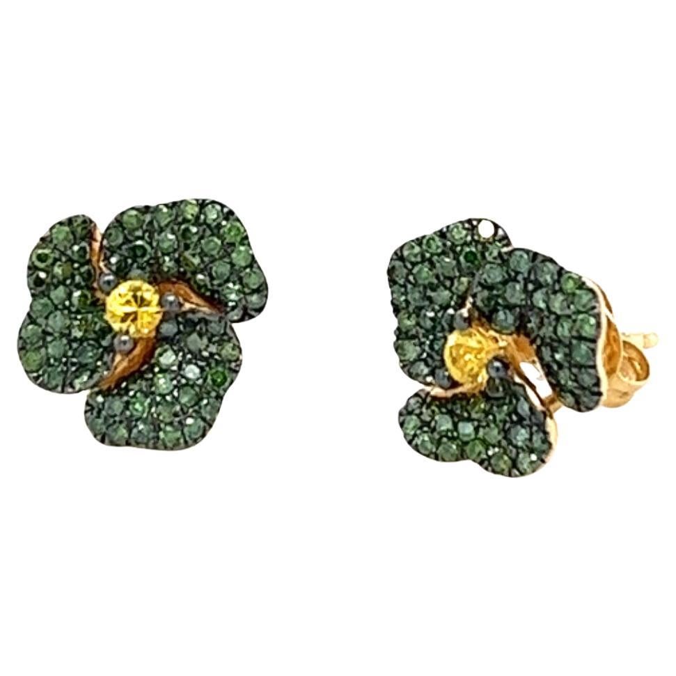 18K Gold Green Diamond & Yellow Sapphire Flower Earrings
