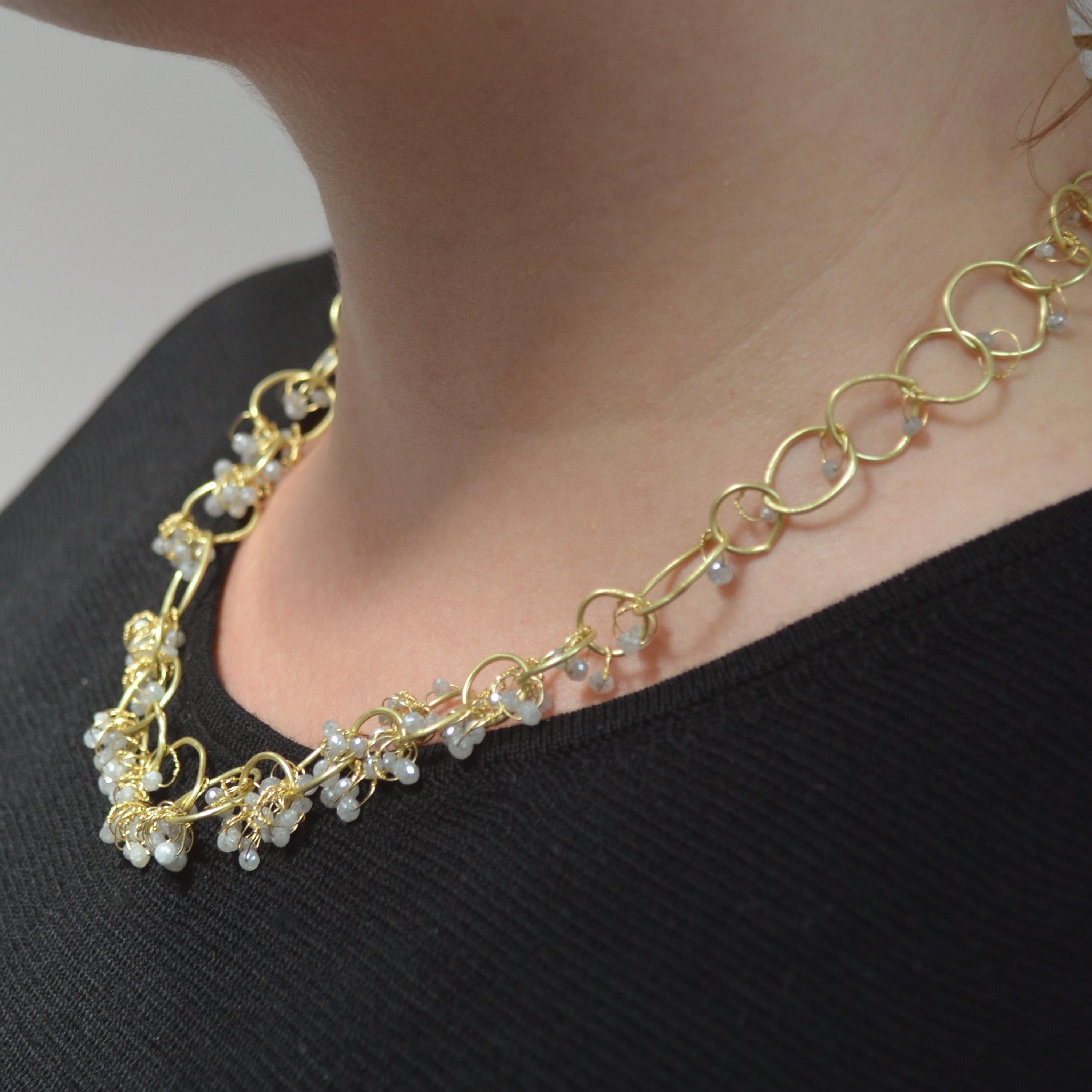 Round Cut 18 Karat Gold Grey Diamond Handmade Chain Necklace For Sale